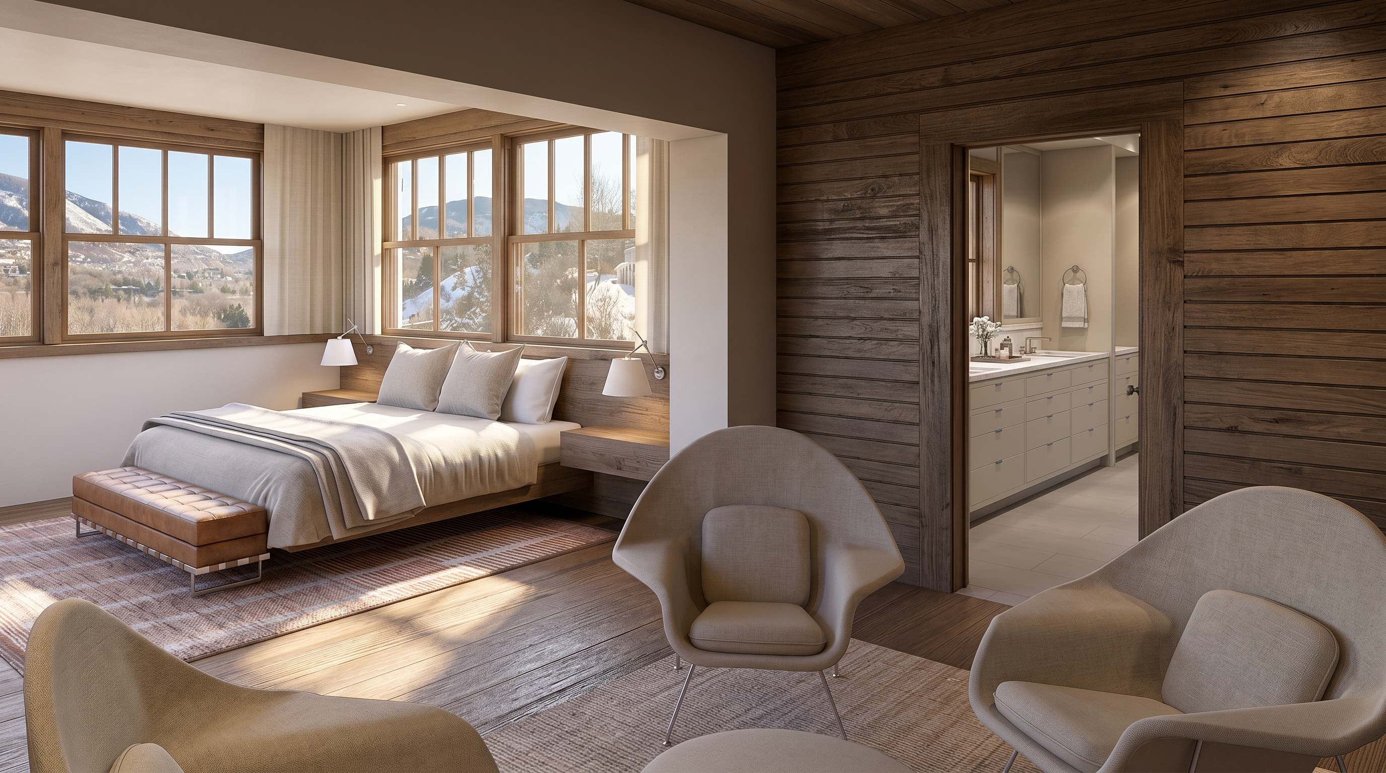 This sophisticated primary bedroom features a warm, contemporary aesthetic with horizontal wood-paneled walls and a neutral color palette. The room includes a plush bed positioned against a wood-accented wall with integrated bedside lighting, while a seating area with two modern chairs occupies the foreground. A doorway leads into an adjoining bathroom, and large windows provide expansive views of a snow-covered mountain landscape.