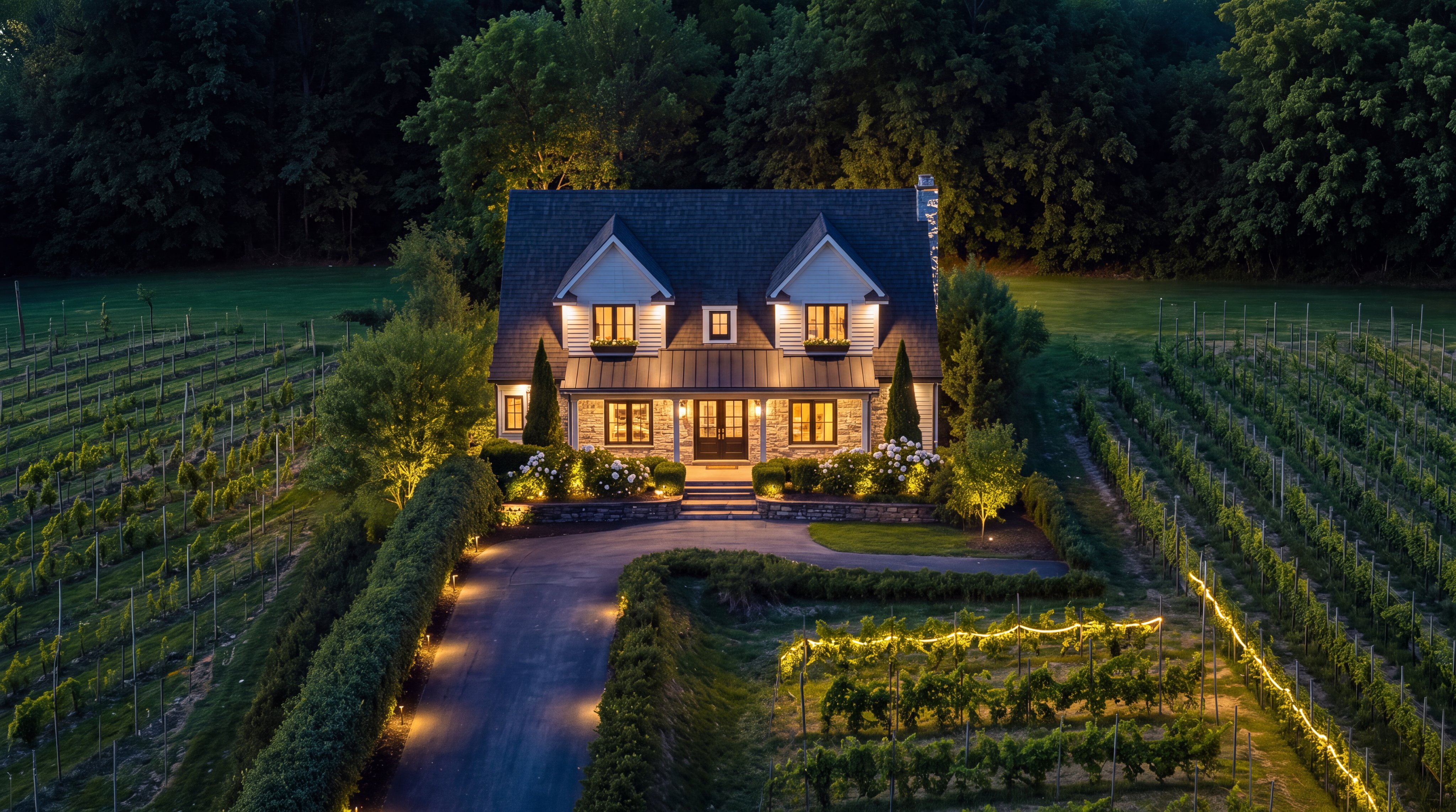 This stunning, elevated aerial perspective captures a picturesque two-story residence nestled within a beautifully landscaped vineyard at dusk. The home features classic architectural styling with stone and white siding, a dark shingled roof, and warm exterior lighting that illuminates the lush greenery and welcoming driveway. The property presents an elegant and serene atmosphere, highlighting a unique blend of sophisticated residential living and manicured rural charm.