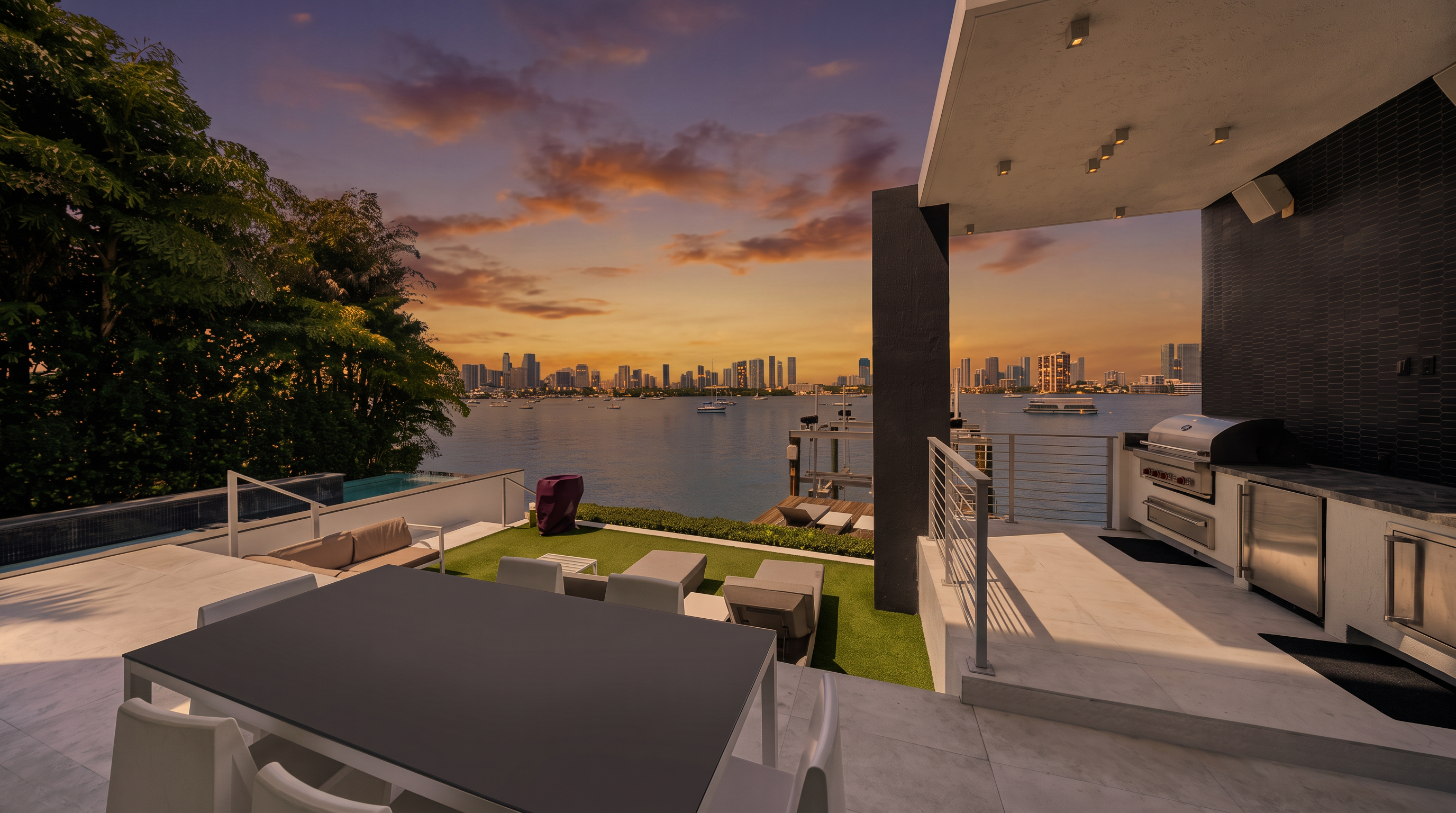 This expansive outdoor terrace offers a sophisticated entertainment space with a built-in stainless steel grill station and a dining area overlooking a serene waterfront. The deck features a mix of light-toned stone flooring and a manicured artificial turf section, leading toward a glass-railed edge that frames a panoramic view of the bay and city skyline. The scene is captured from a slightly elevated perspective, emphasizing the seamless transition between the modern architectural structure and the natural coastal environment.