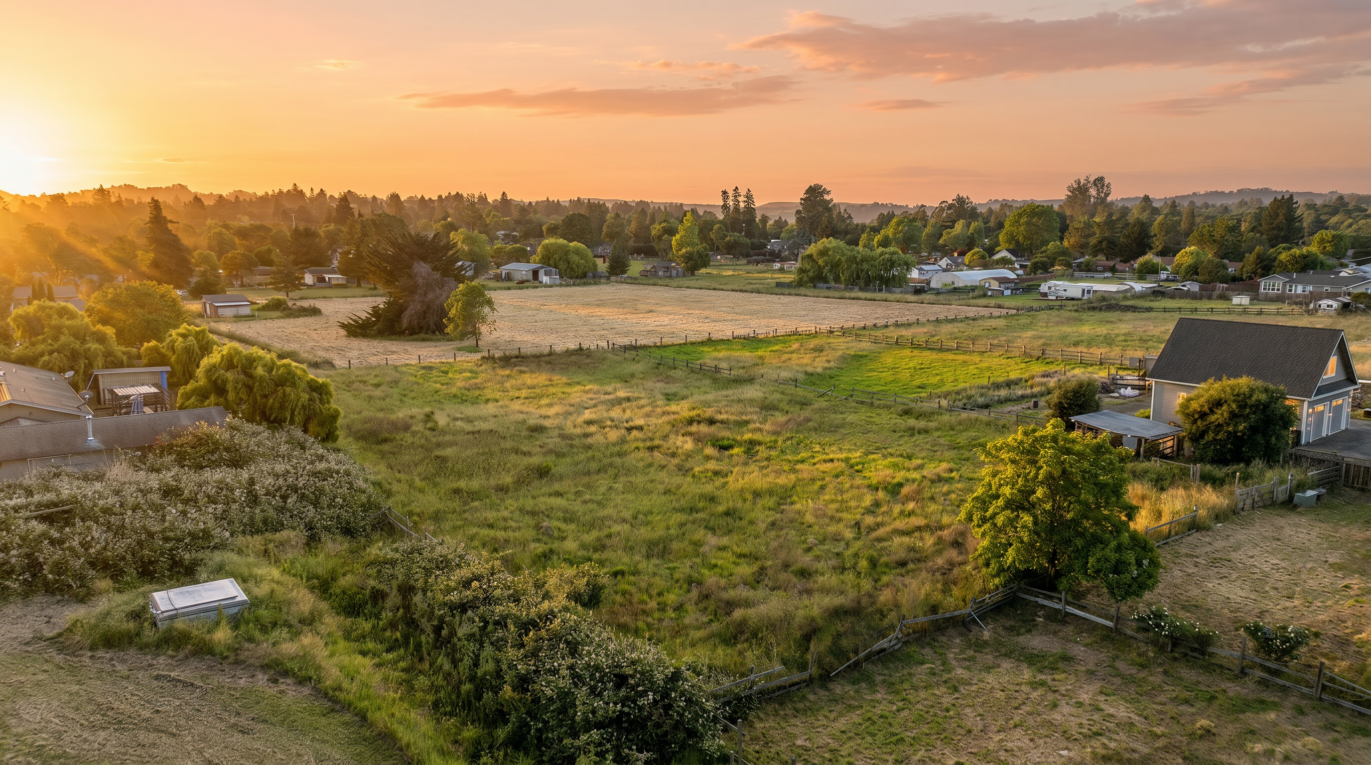 This high-angle aerial view captures a sprawling rural property featuring a large, open grassy field bordered by wooden fencing and mature trees. To the right, a two-story residential home with a dark roof stands prominently, while a smaller structure with a shed roof sits on the left side of the frame. The scene conveys a sense of quiet, expansive countryside living under a clear blue sky.