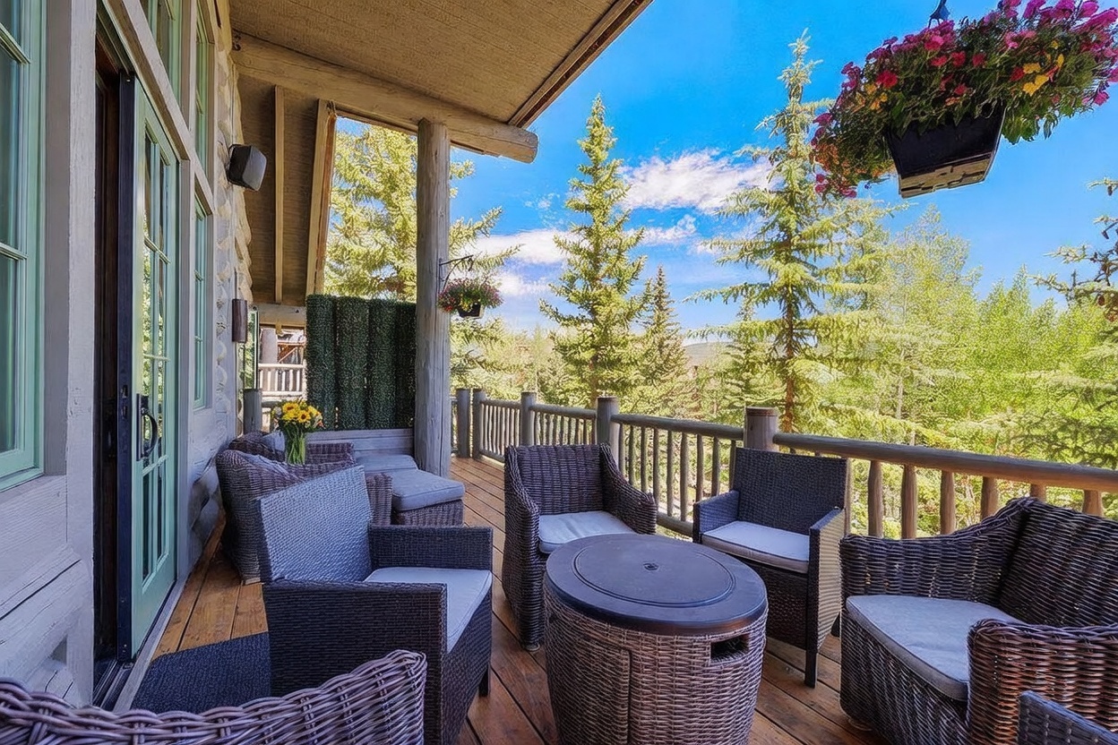 This inviting outdoor deck features a rustic log-style structure with comfortable wicker seating arranged around a central fire pit table. The space is framed by a wooden railing that overlooks a lush, tree-filled landscape, creating a serene and private atmosphere. A hanging flower basket adds a touch of color to the natural wood aesthetic, making it an ideal spot for relaxation.