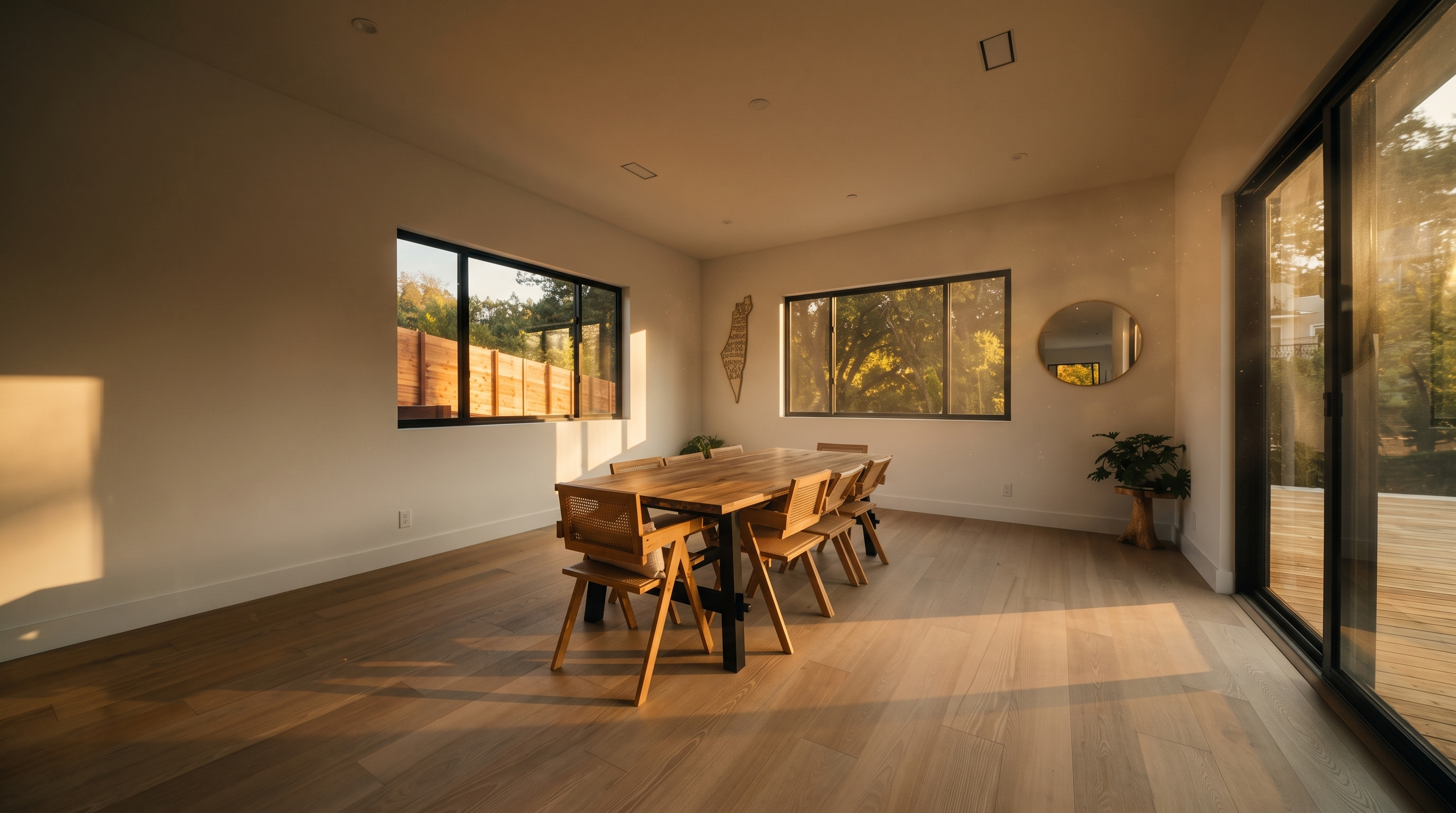 This bright and airy dining room features light wood flooring and a minimalist aesthetic with white walls and recessed lighting. A large wooden dining table with matching chairs serves as the centerpiece, positioned between two large windows that provide ample natural light and views of the surrounding greenery. A circular mirror on the wall and a potted plant on a wooden stand add subtle decorative touches to the clean, modern space.