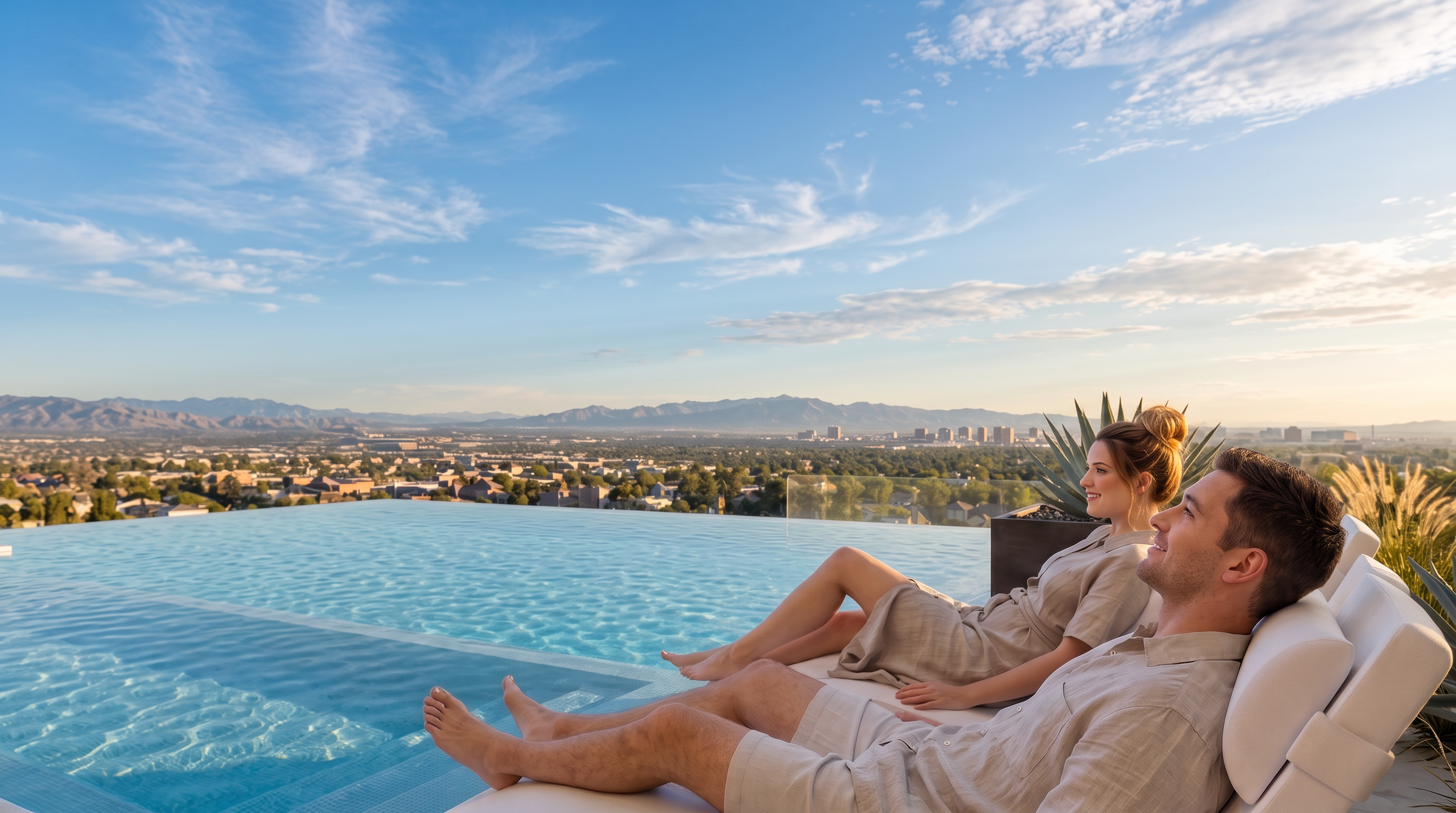 This stunning contemporary infinity pool overlooks a sprawling city skyline at twilight, creating a luxurious and serene atmosphere. The deck area features modern lounge chairs occupied by a couple in robes, seamlessly blending indoor and outdoor living spaces. High-end finishes, ambient lighting, and dramatic mountain views highlight this premier resort-style home amenity.