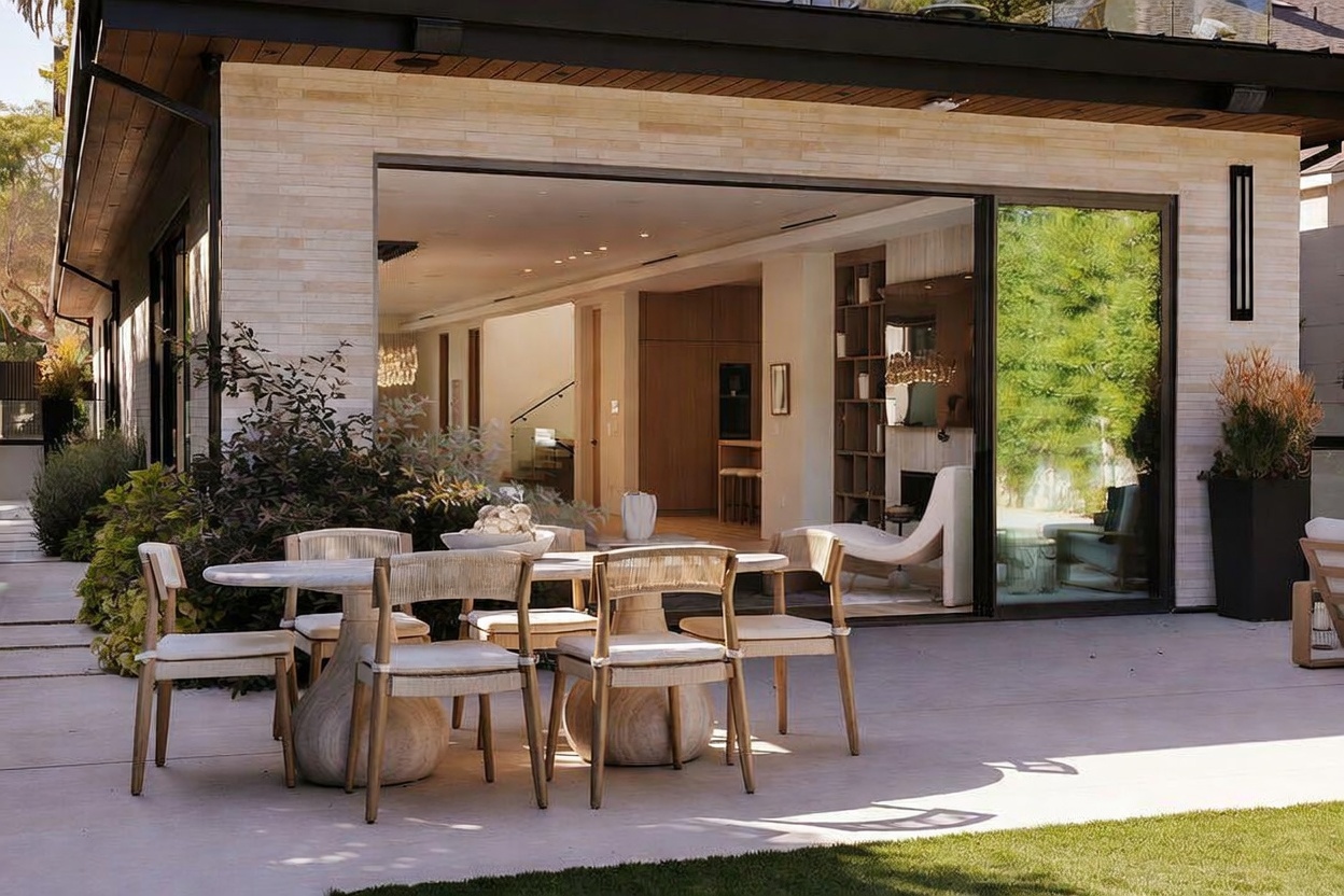 This image captures a modern outdoor patio space seamlessly connected to the interior living area through large sliding glass doors. The patio features a stone-topped dining table with woven chairs, set against a light-colored stone exterior wall. The perspective highlights the indoor-outdoor flow, showcasing a glimpse of the interior living space with a lounge chair and shelving unit.