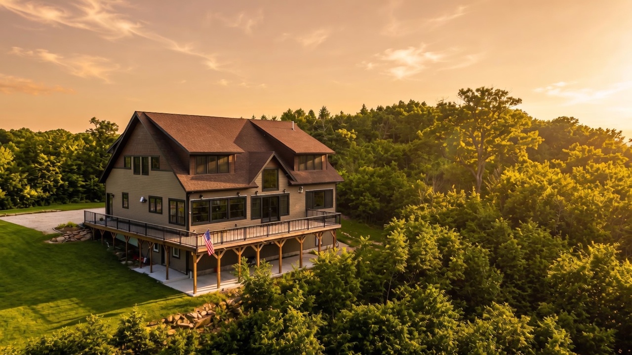 This stunning contemporary home features multi-level construction with expansive decking overlooking a densely wooded hillside. The exterior is finished in sophisticated earth-toned siding, complemented by dark-trimmed windows and a prominent shingled roof, perfectly integrating the house into its natural surroundings. The home sits atop a manicured lawn, highlighting a blend of modern design and serene, private outdoor living.