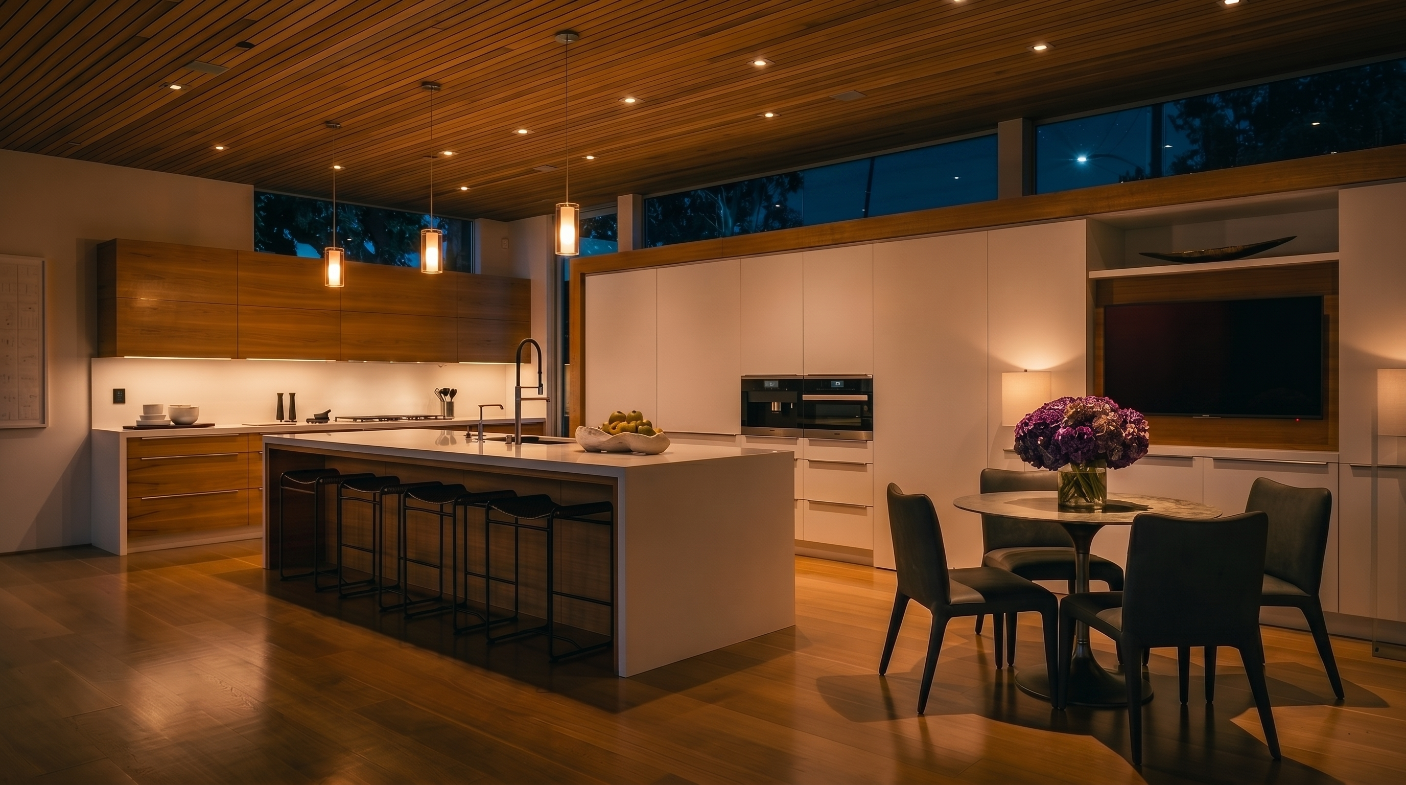 This modern, open-concept kitchen features a large central island with seating for four and a sleek, minimalist design. The space is defined by warm wood-paneled ceilings and cabinetry, contrasted by crisp white surfaces and a dining area with a round table and dark upholstered chairs. A wall-mounted television is integrated into the cabinetry, creating a seamless blend of functional cooking space and casual living area.