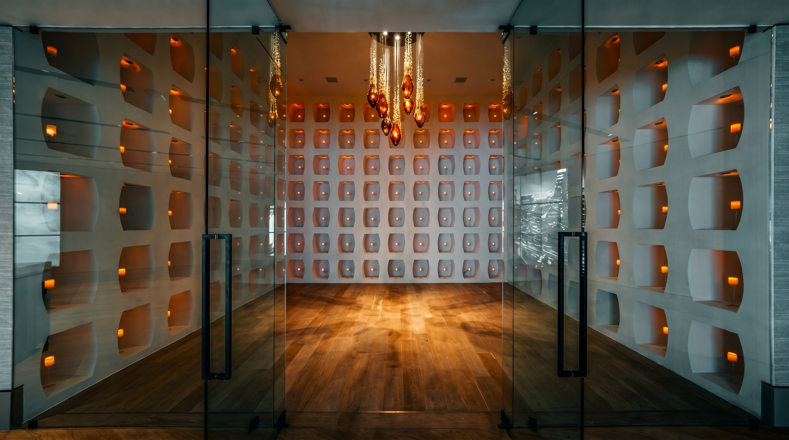 This sophisticated wine cellar features a modern, minimalist design with glass double doors that provide a clear view into the climate-controlled space. The walls are lined with symmetrical, illuminated cubby-style shelving, creating a dramatic grid effect, while a cluster of elegant, amber-toned pendant lights hangs from the ceiling as a focal point. The room is finished with warm-toned hardwood flooring, offering a luxurious and inviting atmosphere for wine storage and display.