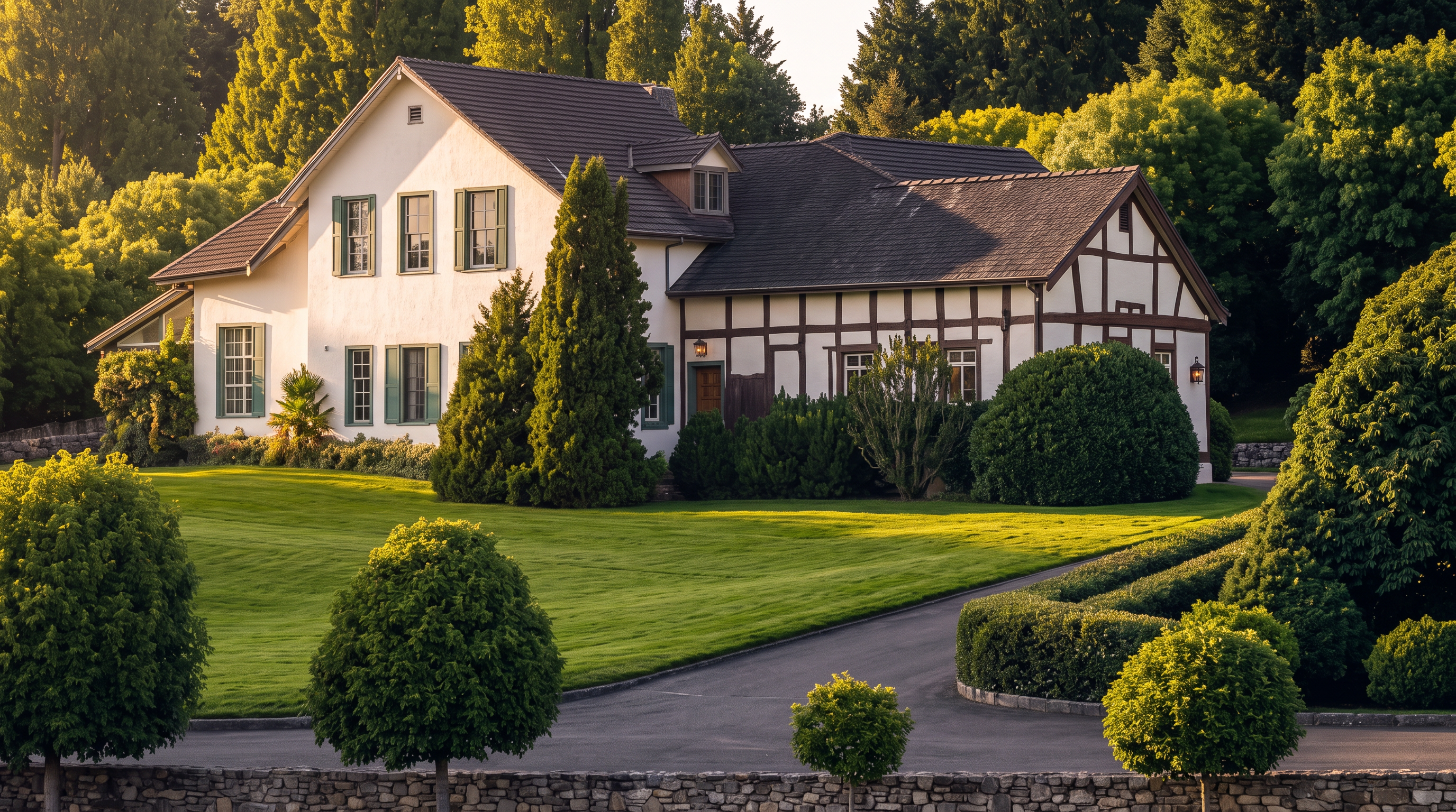 This charming, multi-section estate features a blend of traditional stucco and half-timbered architectural elements, set against a backdrop of lush, mature trees. The home is complemented by expansive, meticulously manicured green lawns and a paved driveway leading to a stone-walled boundary. With its warm golden-hour lighting and well-kept landscaping, the property exudes a sense of prestige, privacy, and classic elegance.