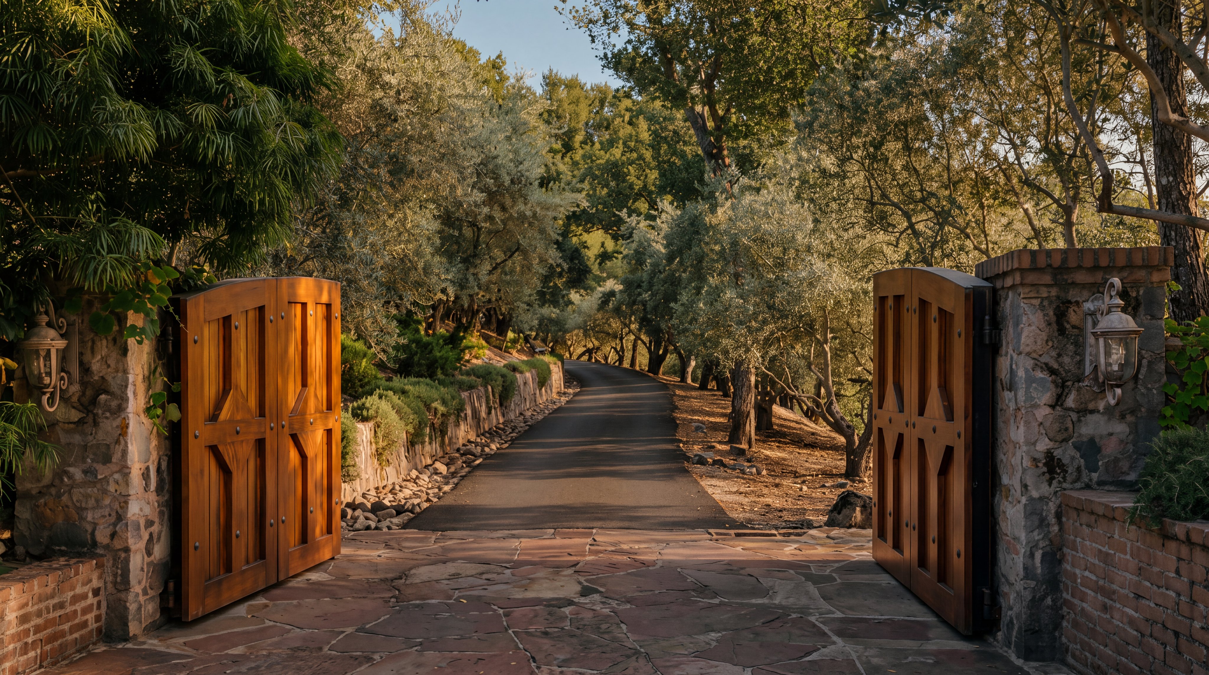 This image captures a grand, gated entrance to a private estate, featuring heavy wooden gates mounted on rustic stone pillars. A paved driveway leads through a lush, tree-lined path, creating a sense of seclusion and elegance. The scene is framed by mature olive trees and stone walls, offering a welcoming and sophisticated first impression of the property.