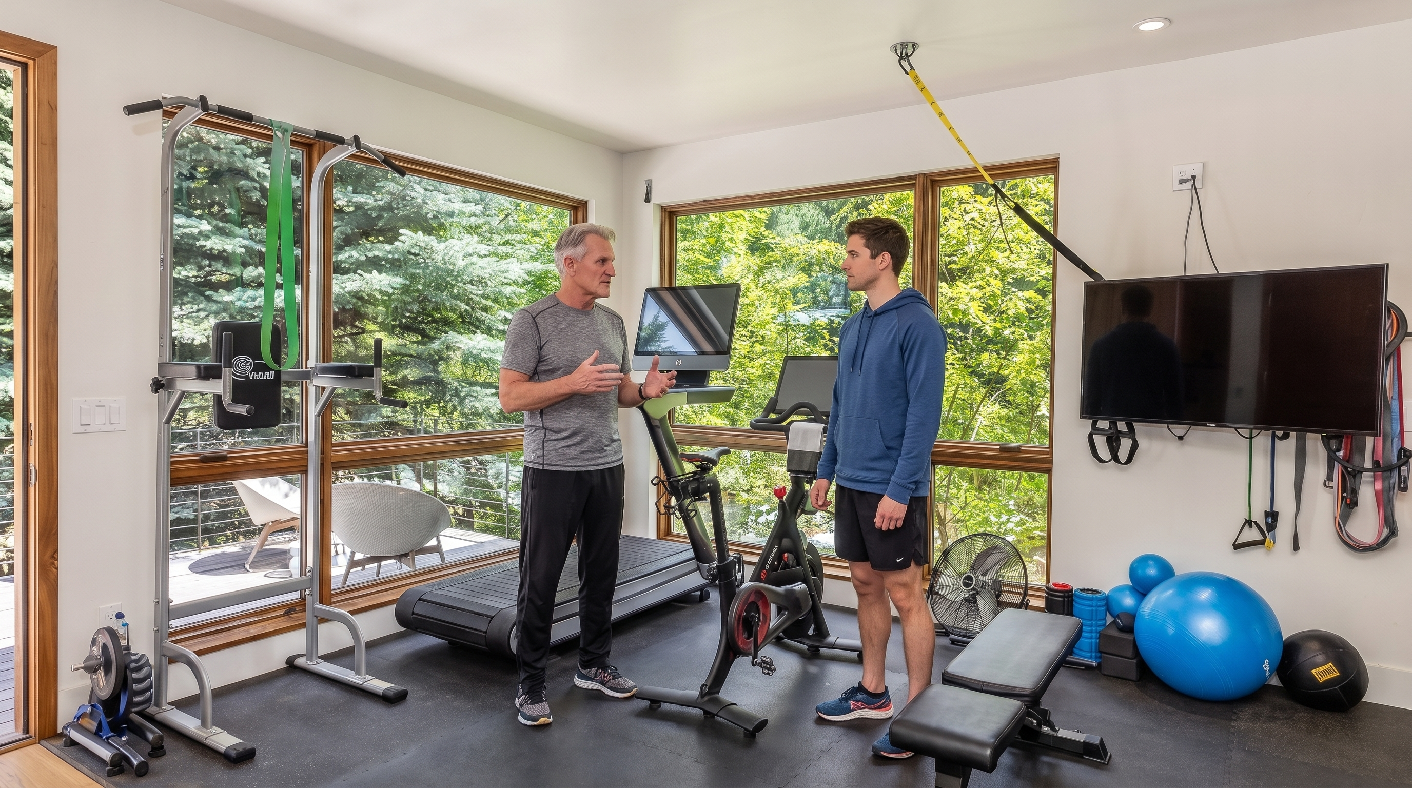 This bright home gym features a variety of fitness equipment, including a treadmill, a stationary bike, and a weight bench, all set on a durable black rubber floor. Large windows provide an expansive view of the surrounding forest, creating an airy and motivating atmosphere for workouts. A wall-mounted television and various resistance bands complete the functional space, which also offers direct access to an outdoor deck.