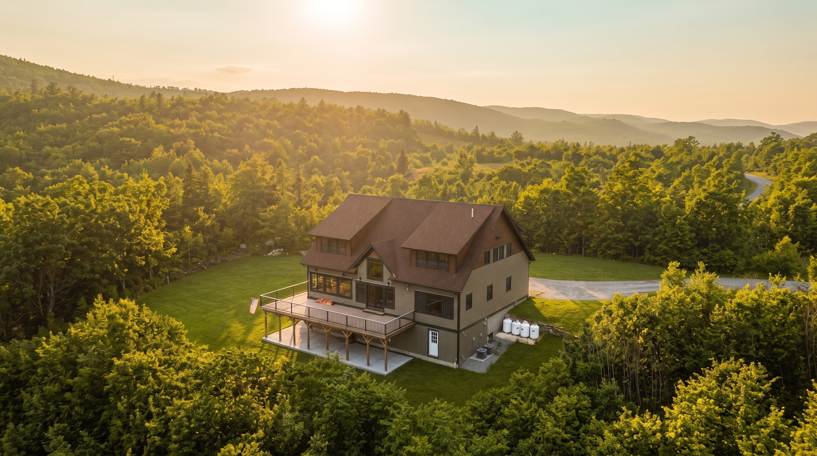 This aerial view showcases a multi-level suburban home nestled in a lush, wooded landscape. The property features a large raised deck, a manicured green lawn, and a private driveway, highlighted by a contemporary shingled roof design. The home's elevated position offers a serene and picturesque setting, ideal for those seeking privacy and natural surroundings.