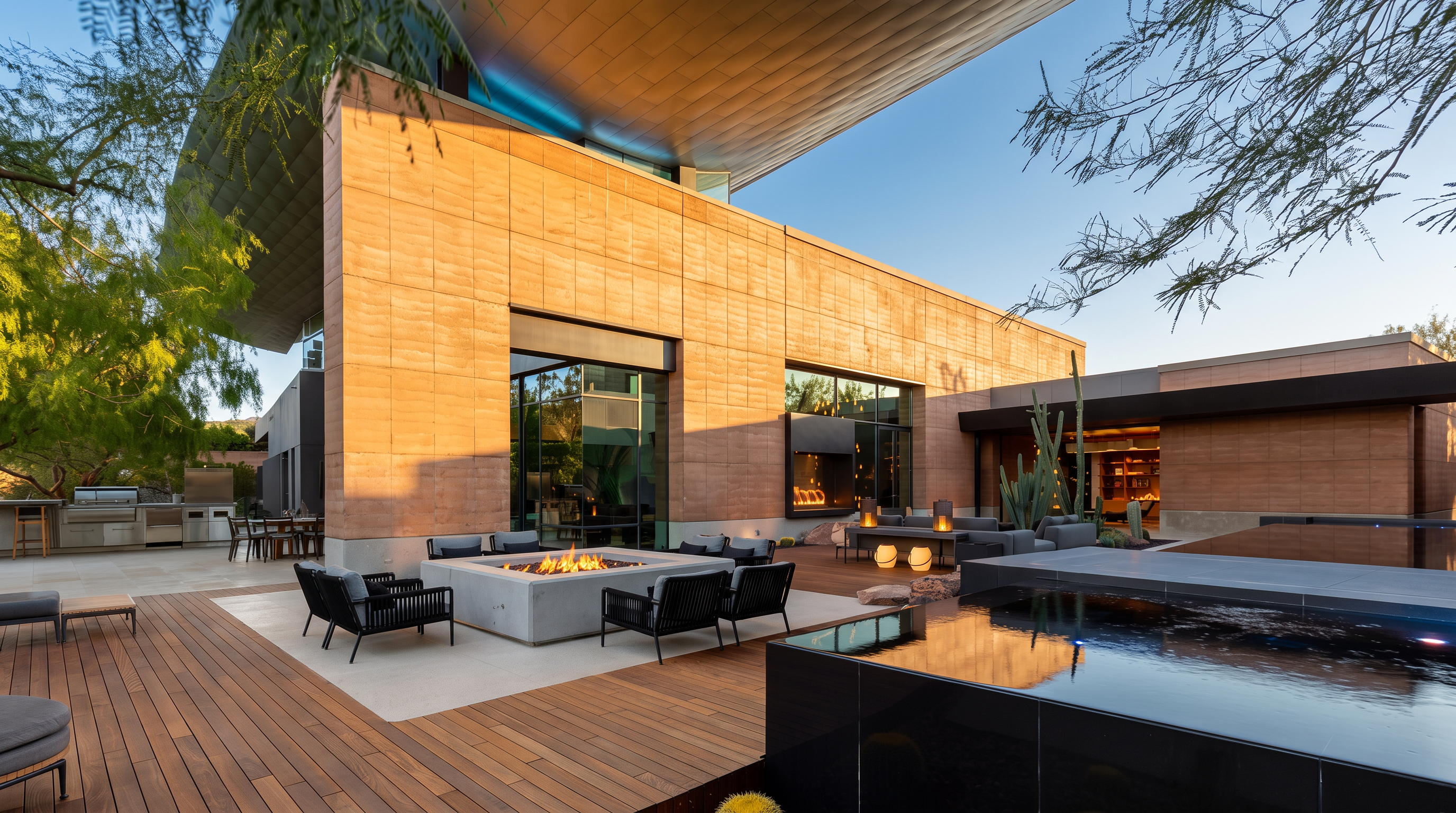 This luxurious outdoor living space features a spacious wooden deck surrounding a modern fire pit with comfortable lounge seating. A sleek, dark-tiled water feature sits in the foreground, while the home's exterior showcases warm-toned stone walls and a dramatic, cantilevered roofline. Large glass doors provide a seamless transition between the indoor and outdoor areas, creating an ideal environment for sophisticated entertaining.