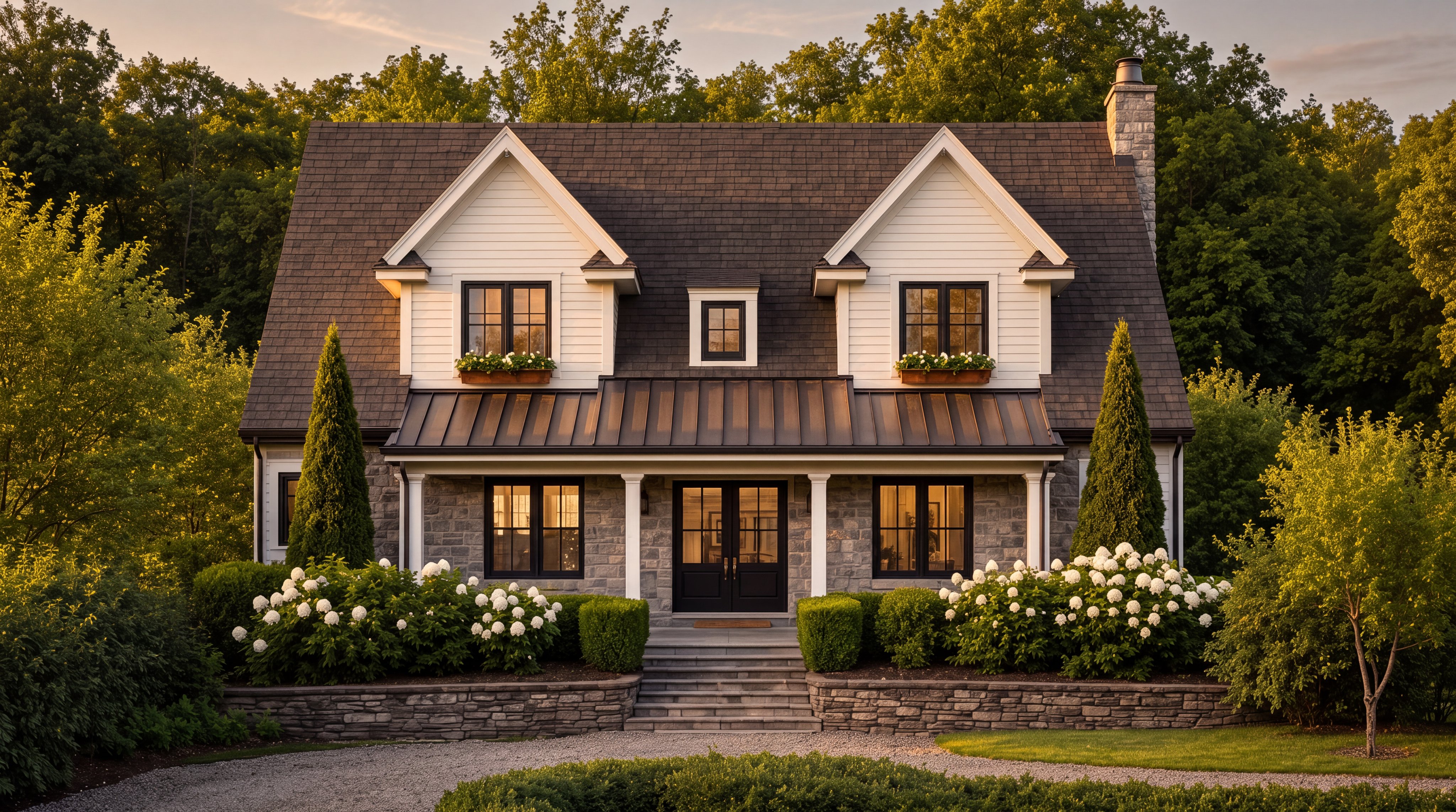 This charming two-story residence showcases a beautiful blend of stone veneer and horizontal white siding, accented by a dark shingle roof and a matching metal porch awning. The symmetrical facade features two dormer windows, black-framed windows, and a welcoming front entrance framed by lush landscaping and hydrangea bushes. This property exudes a classic, well-manicured curb appeal perfect for an inviting family home.