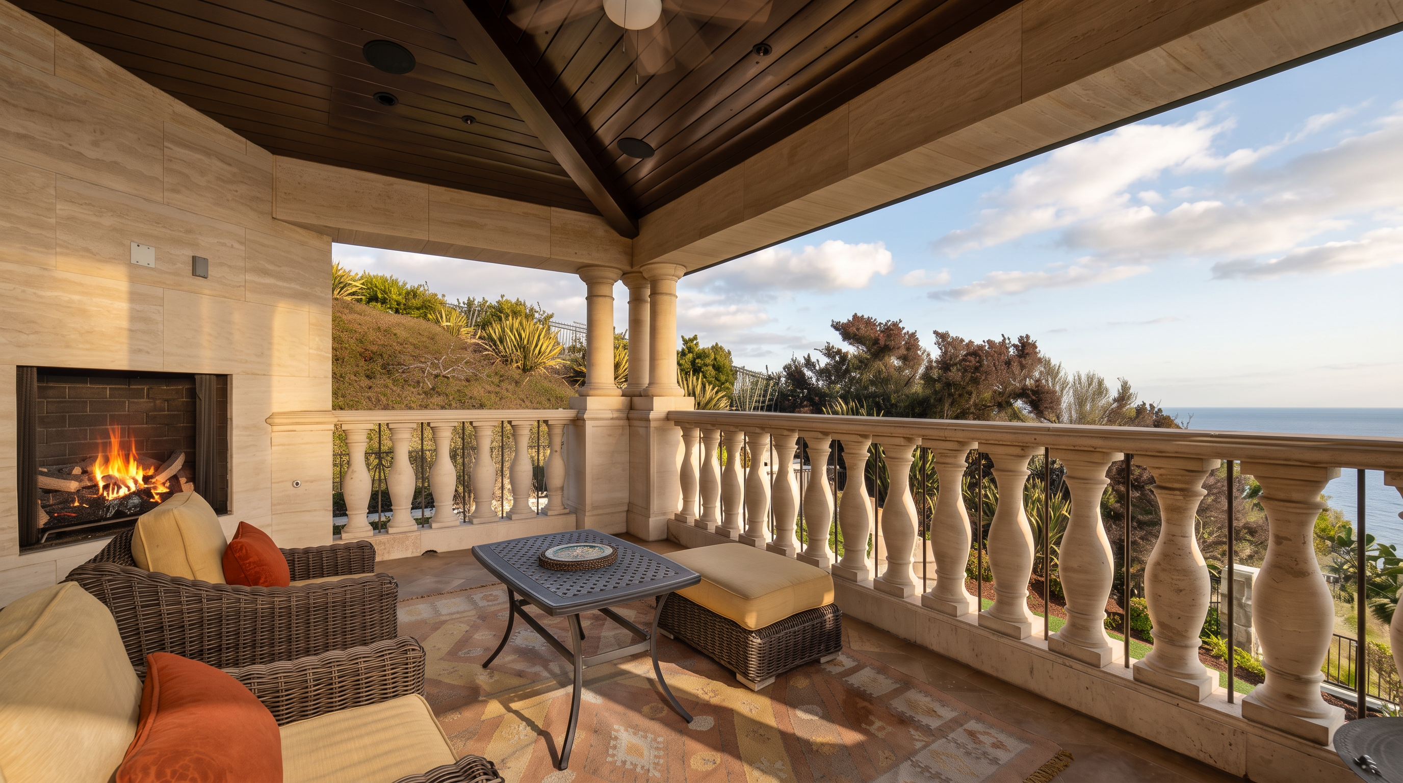 This covered balcony offers a luxurious outdoor living space with a stone-clad fireplace and comfortable wicker seating. The area features a wood-paneled ceiling with a central fan and a classic stone balustrade that overlooks a scenic coastal view. The perspective captures the inviting lounge area, highlighting the seamless transition between indoor comfort and the expansive ocean horizon.