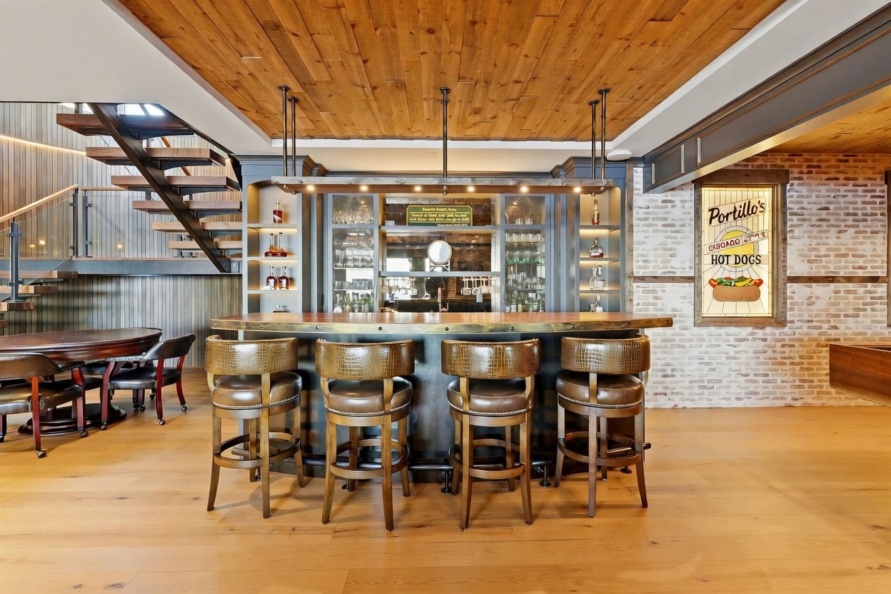This sophisticated home bar area features a custom wood-topped counter with four leather-upholstered bar stools, set against a backdrop of dark cabinetry and a mirrored back bar. The space is defined by a warm wood-paneled ceiling, a rustic brick wall adorned with a Portillo's sign, and a modern floating staircase to the left. The overall aesthetic blends industrial and rustic elements, creating an inviting atmosphere for entertaining.