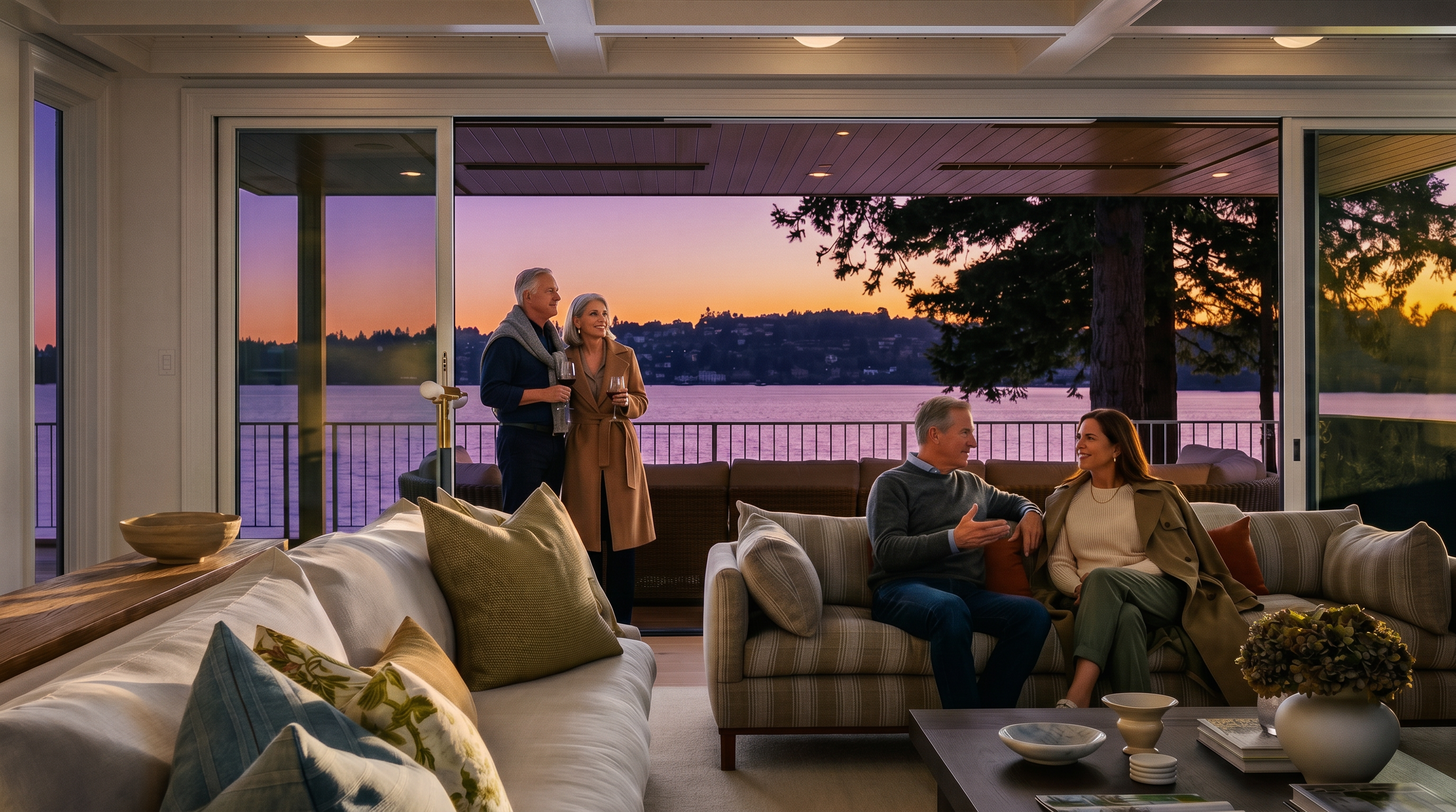 This sophisticated living room features a neutral color palette with plush, comfortable seating arranged to face a expansive wall of floor-to-ceiling glass doors. These doors slide open to reveal a seamless transition to an outdoor deck overlooking a serene lake at sunset. The interior is defined by a coffered ceiling and a warm, inviting atmosphere that emphasizes the connection between the indoor living space and the natural waterfront scenery.