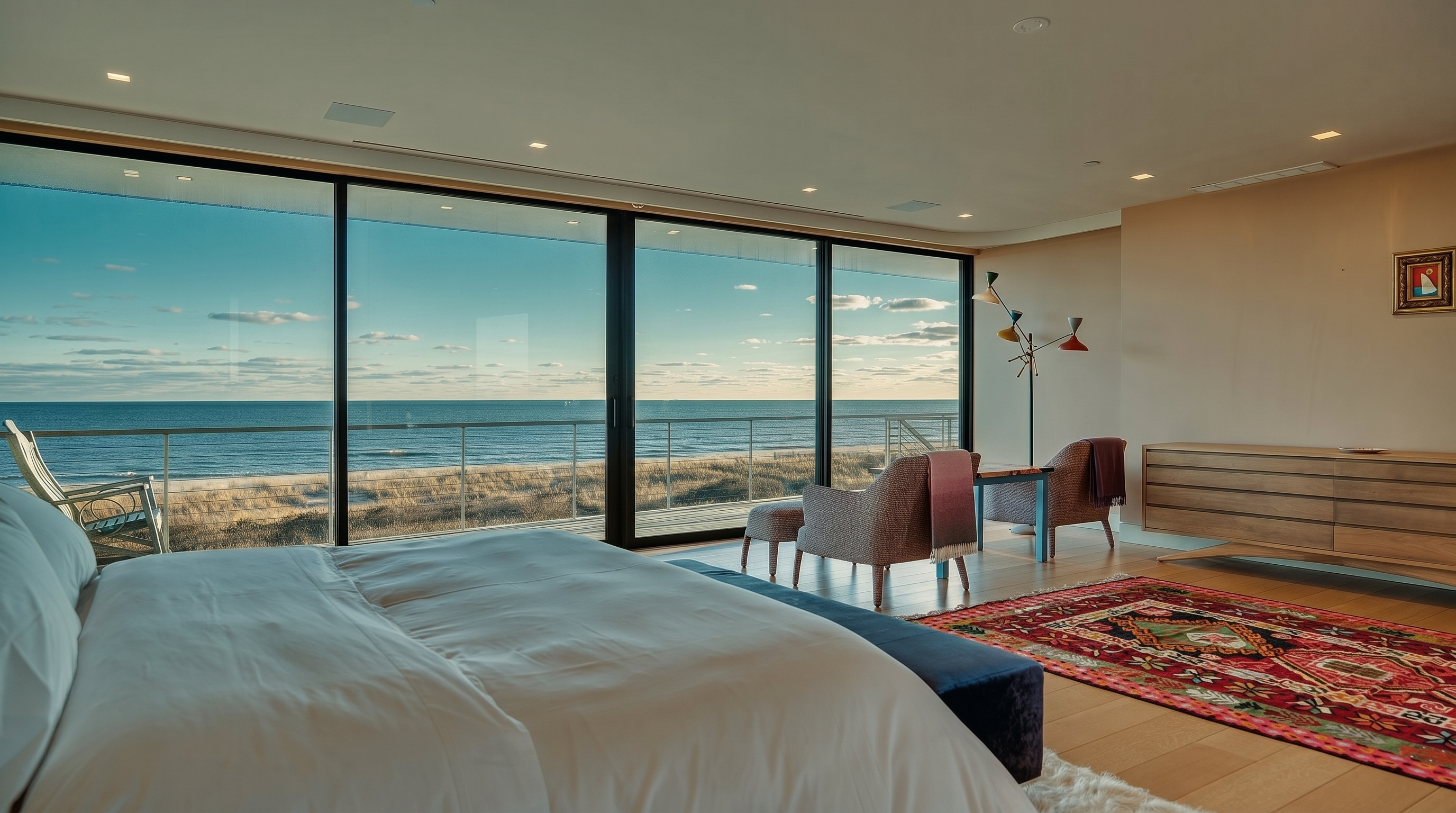 This spacious primary bedroom features expansive floor-to-ceiling windows that provide an unobstructed, panoramic view of the ocean and beach. The room is furnished with a plush bed in the foreground, a pair of armchairs with a small table, and a long light wood dresser against the wall. A vibrant, patterned area rug adds a pop of color to the light wood flooring, creating a serene and luxurious coastal retreat.