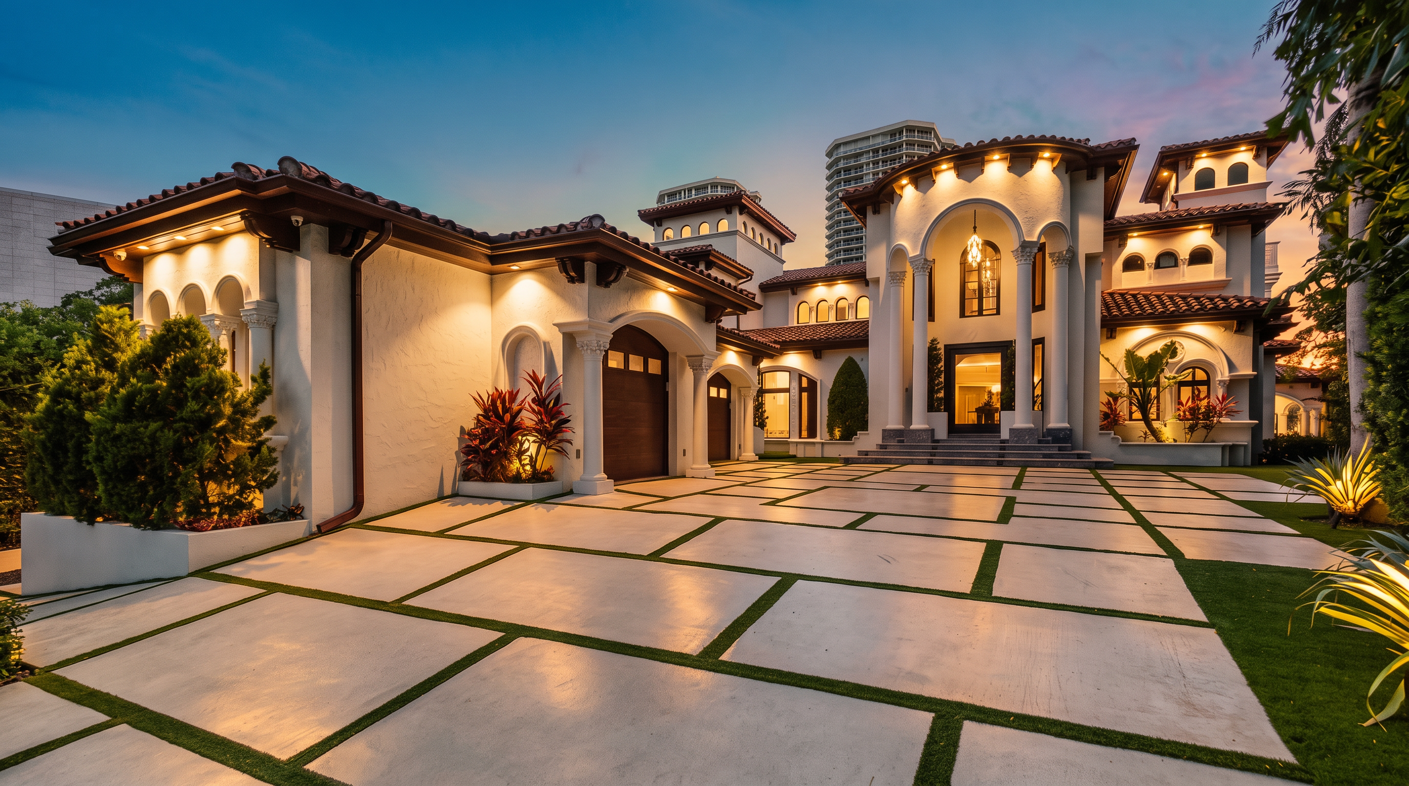 This Mediterranean-inspired luxury estate features a grand, symmetrical facade with arched entryways, decorative columns, and a multi-level roofline with clay tiles. A wide, geometric concrete driveway with integrated grass strips leads up to the home, framed by manicured landscaping and warm exterior lighting. The twilight setting enhances the architectural details, creating an inviting and sophisticated curb appeal.