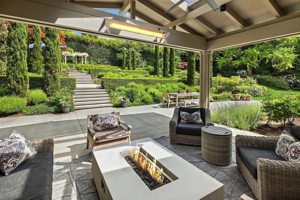 This covered outdoor patio features a modern rectangular fire pit as the centerpiece, surrounded by comfortable wicker-style seating with patterned cushions. The space opens up to a beautifully landscaped terraced garden with manicured hedges, tall cypress trees, and a stone staircase leading to an upper pergola. The perspective is from under the covered patio looking out, creating a seamless transition between the shaded lounge area and the lush, sun-drenched backyard.