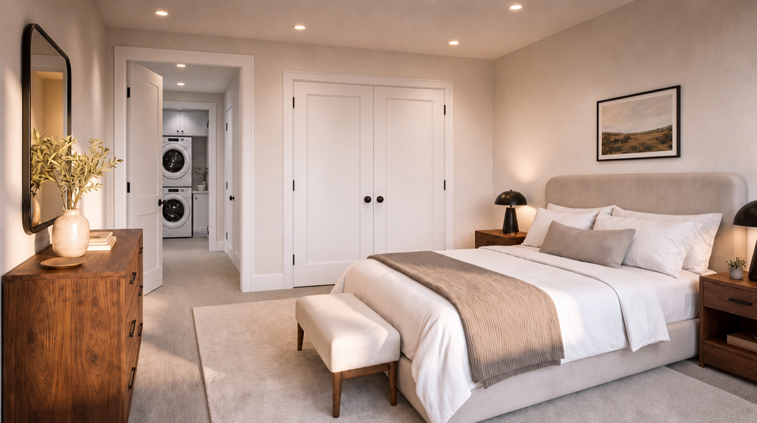 This serene, well-appointed primary bedroom features a plush king-sized bed with neutral-toned bedding and a matching upholstered headboard. The room includes a warm wood dresser, nightstands with modern lighting, and a cozy bench at the foot of the bed. A convenient, open-plan laundry closet is visible through the doorway, adding a functional touch to this comfortable living space.