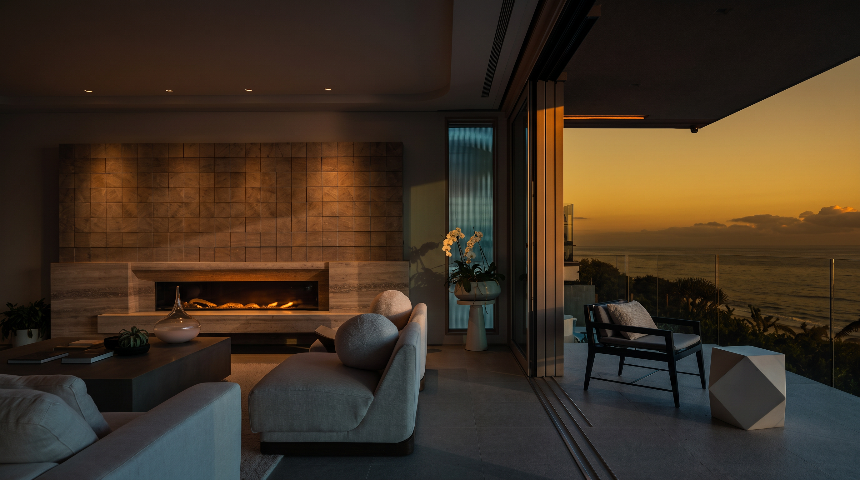 This sophisticated living room features a neutral color palette and seamless indoor-outdoor flow, highlighted by large sliding glass doors that open onto a scenic balcony overlooking the ocean. The room is anchored by a contemporary fireplace with a textured, grid-patterned stone surround and a low-profile hearth. Modern, curved furniture and minimalist decor create an airy, tranquil atmosphere that emphasizes the expansive coastal views.