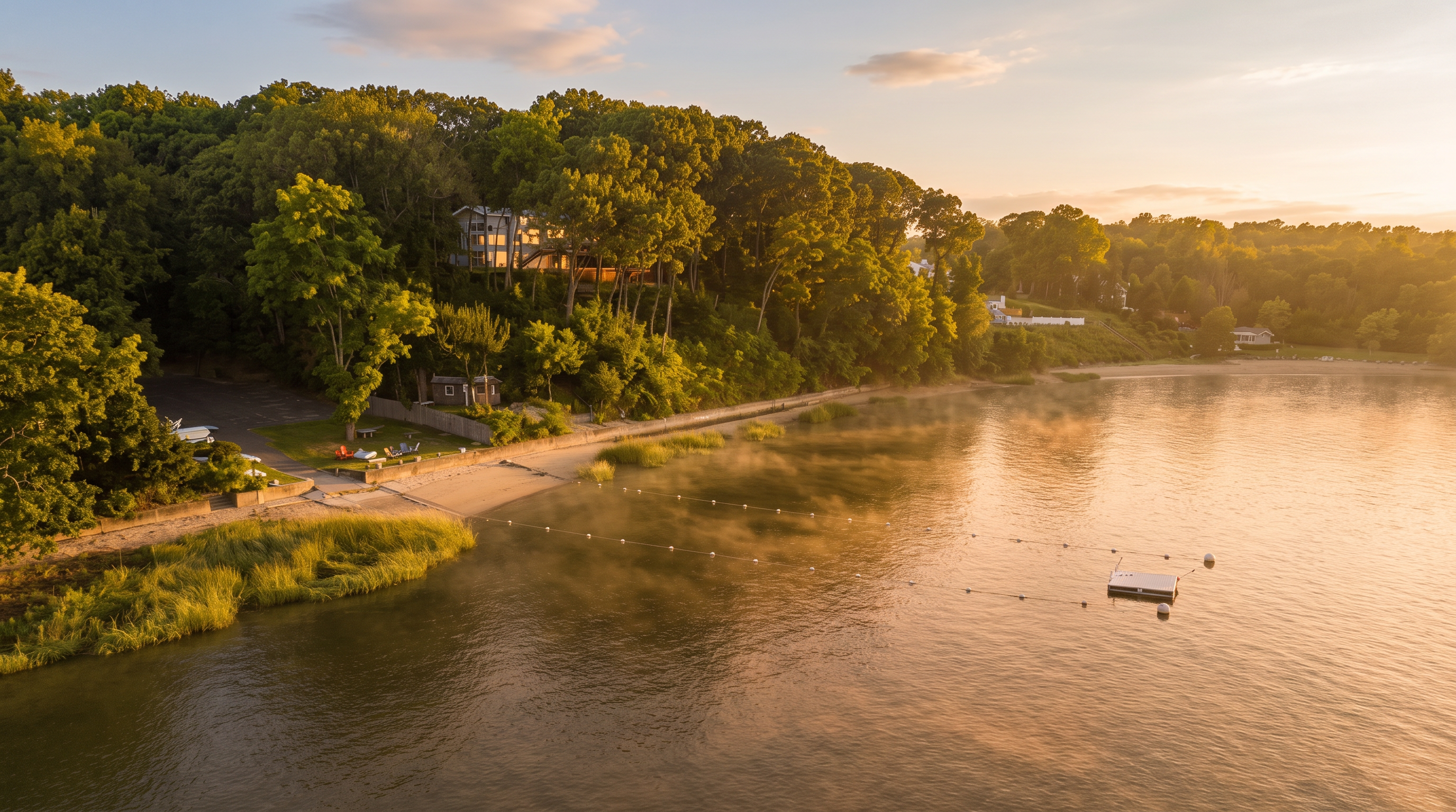 This aerial view captures a serene waterfront property nestled along a lush, tree-lined coastline. The scene features a calm body of water with a swimming area delineated by a buoy line and a central floating dock. The landscape includes a sandy beach, grassy shoreline, and glimpses of residential homes tucked away in the vibrant green forest.