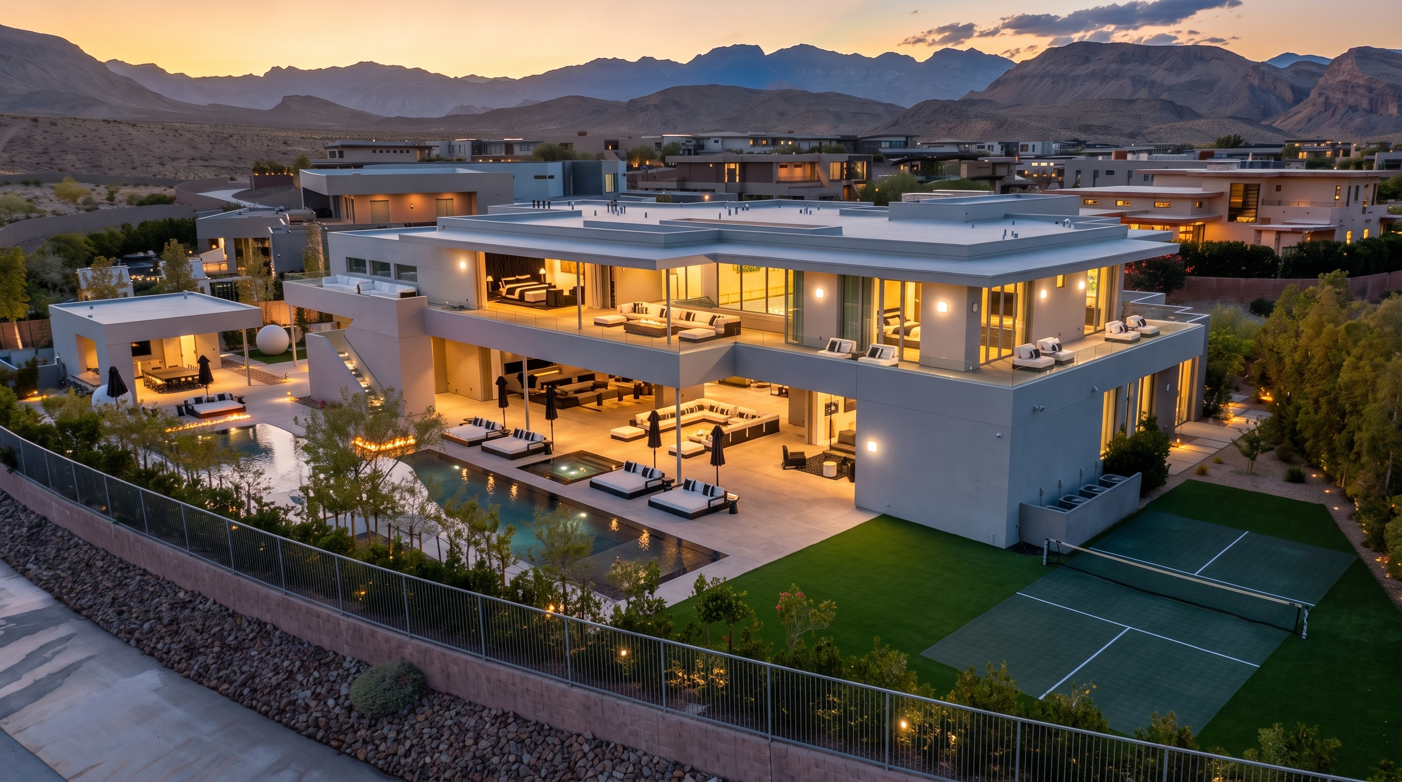 This expansive aerial view captures a modern, multi-level luxury residence set against a dramatic desert mountain backdrop at dusk. The property features a sprawling outdoor living area with a sleek swimming pool, a sunken fire pit lounge, and a private pickleball court. The architecture emphasizes clean lines, large glass sliding doors, and multiple balconies that create a seamless transition between indoor and outdoor living spaces.