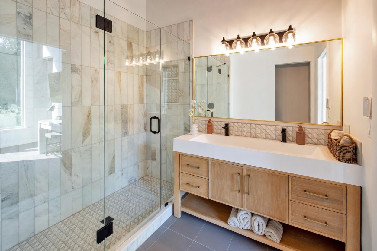 This modern primary bathroom features a spacious light wood vanity with a white double-sink basin, complemented by sleek black fixtures and a large gold-framed mirror. The walk-in shower is enclosed in glass with elegant marble wall tiles and geometric floor tile detailing. The overall design is bright, contemporary, and provides a spa-like atmosphere.