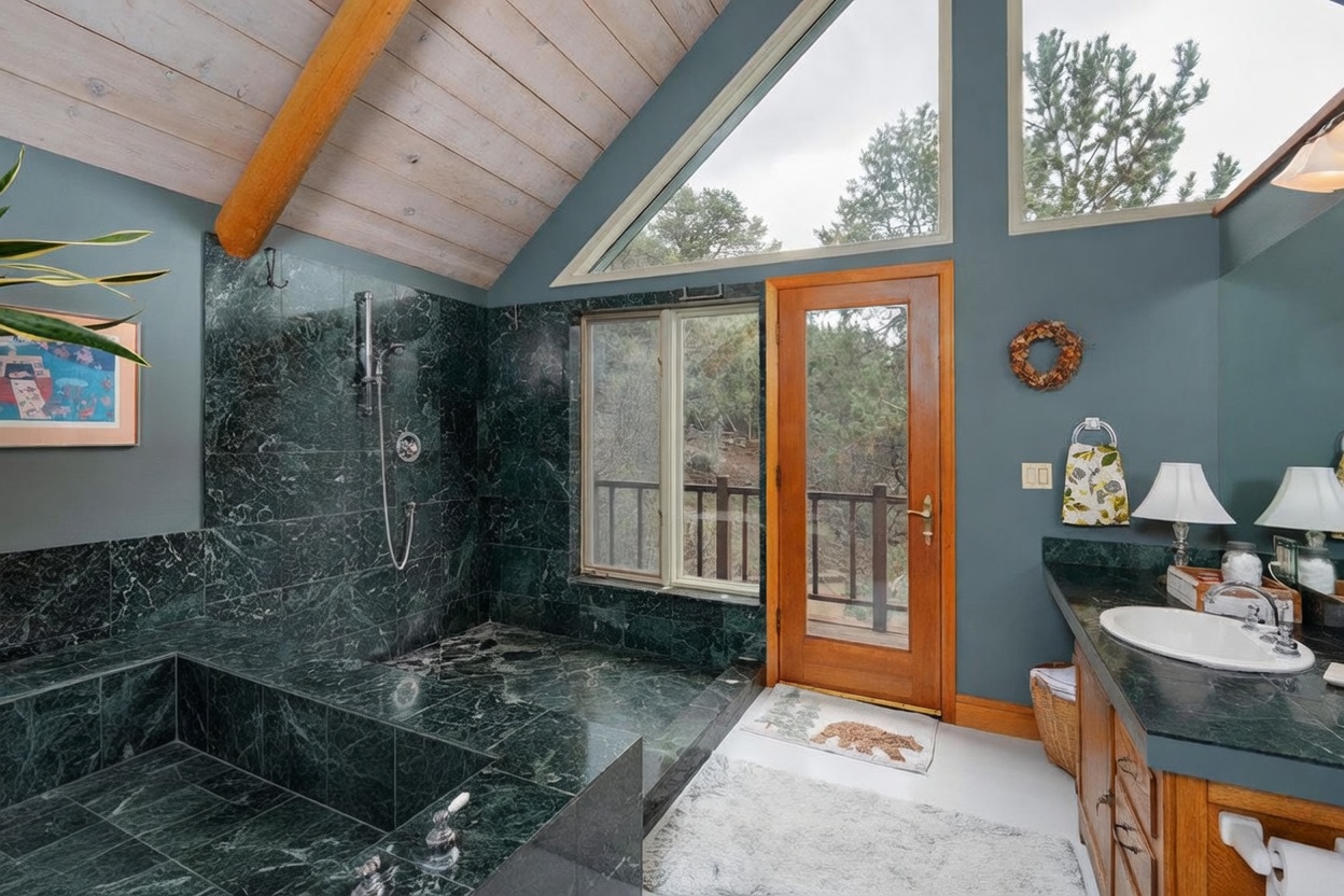 This primary bathroom features a striking combination of dark green stone tile on the shower walls and vanity countertop, contrasted by blue-toned walls and light wood ceiling paneling. A large soaking tub sits adjacent to a walk-in shower area, while a wooden door provides direct access to an outdoor deck. The space is brightened by large, angled windows that follow the roofline, offering a scenic view of the surrounding trees.