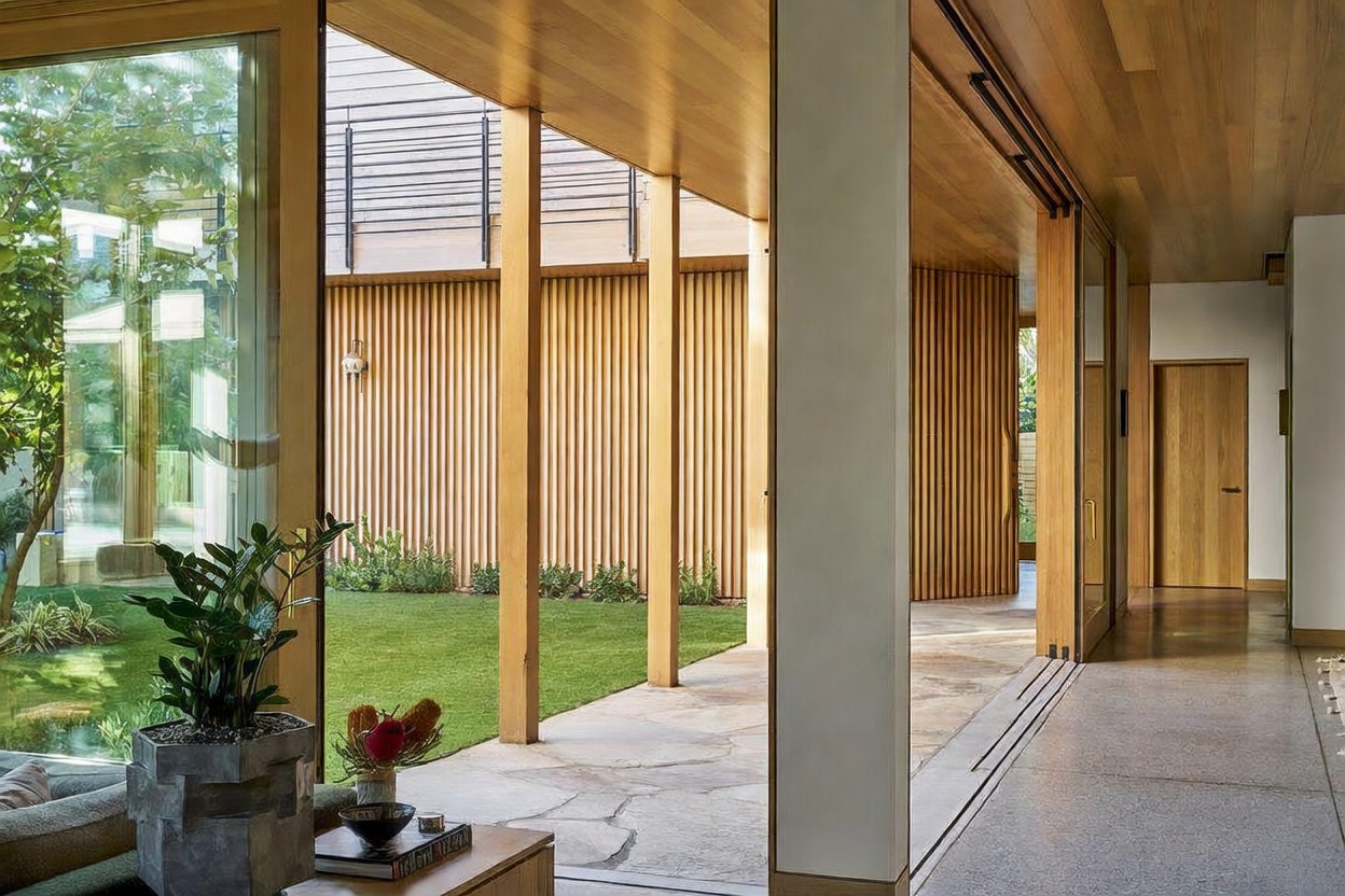 This interior view captures a seamless transition between a modern living space and an outdoor courtyard through large, retractable glass doors. The space features light wood ceilings, stone flooring, and a minimalist aesthetic that emphasizes indoor-outdoor living. A potted plant sits in the foreground, while the view extends across a stone patio to a manicured lawn framed by vertical wood slat walls.