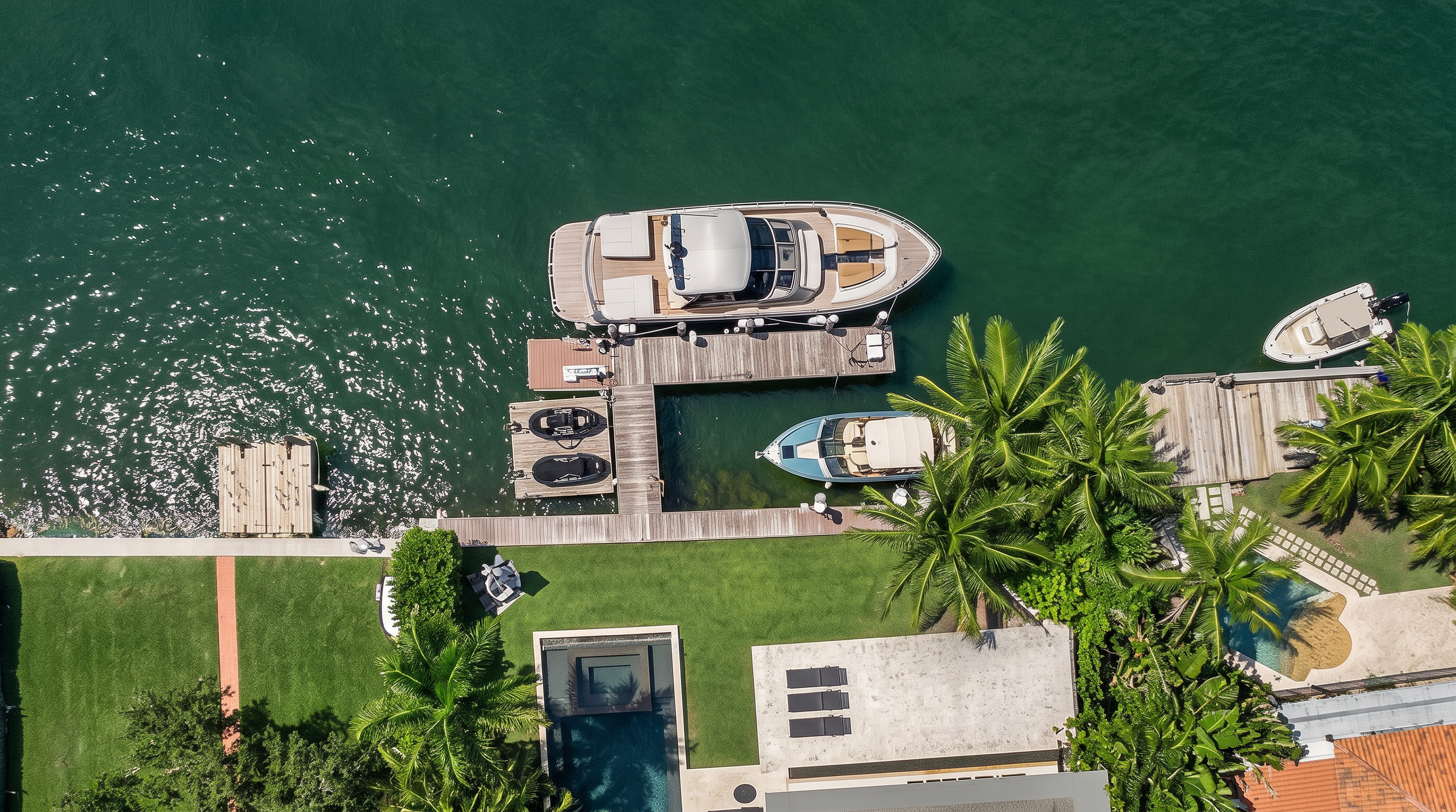 This stunning aerial view highlights a waterfront estate complete with a private dock featuring multiple boats and personal watercraft. The property includes a beautifully manicured lawn, a swimming pool, and an outdoor patio lounge area, showcasing an ideal setting for luxury indoor-outdoor living. Lush mature palm trees and direct water access emphasize the home's exclusive coastal lifestyle.