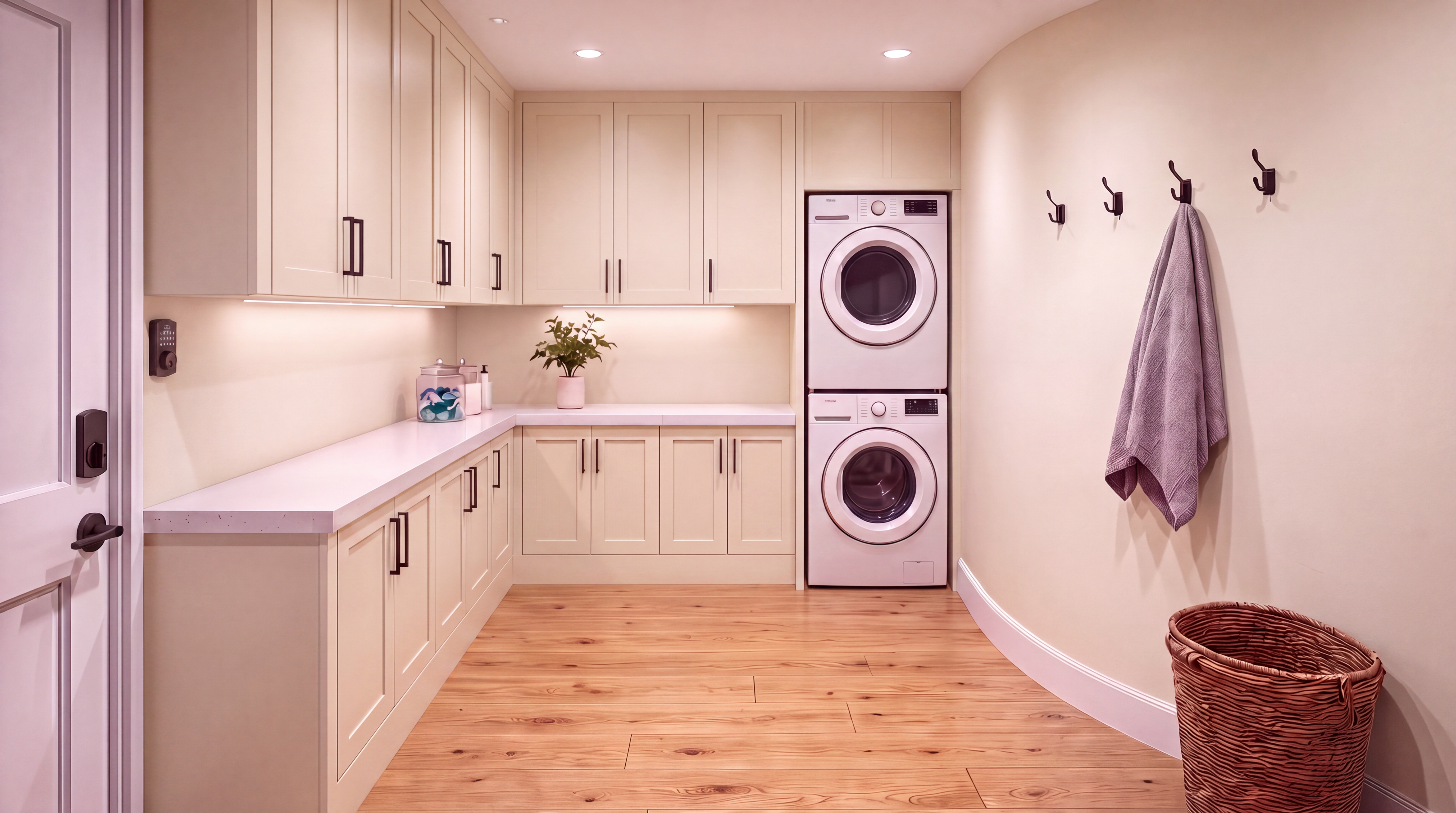 This clean and modern laundry room features light-toned shaker cabinetry, white countertops, and a stacked washer-dryer unit. The space includes warm wood-look flooring, under-cabinet lighting, and wall-mounted hooks for storage, creating a functional and organized aesthetic. A wicker basket and a small potted plant add texture and warmth to this efficient home utility space.
