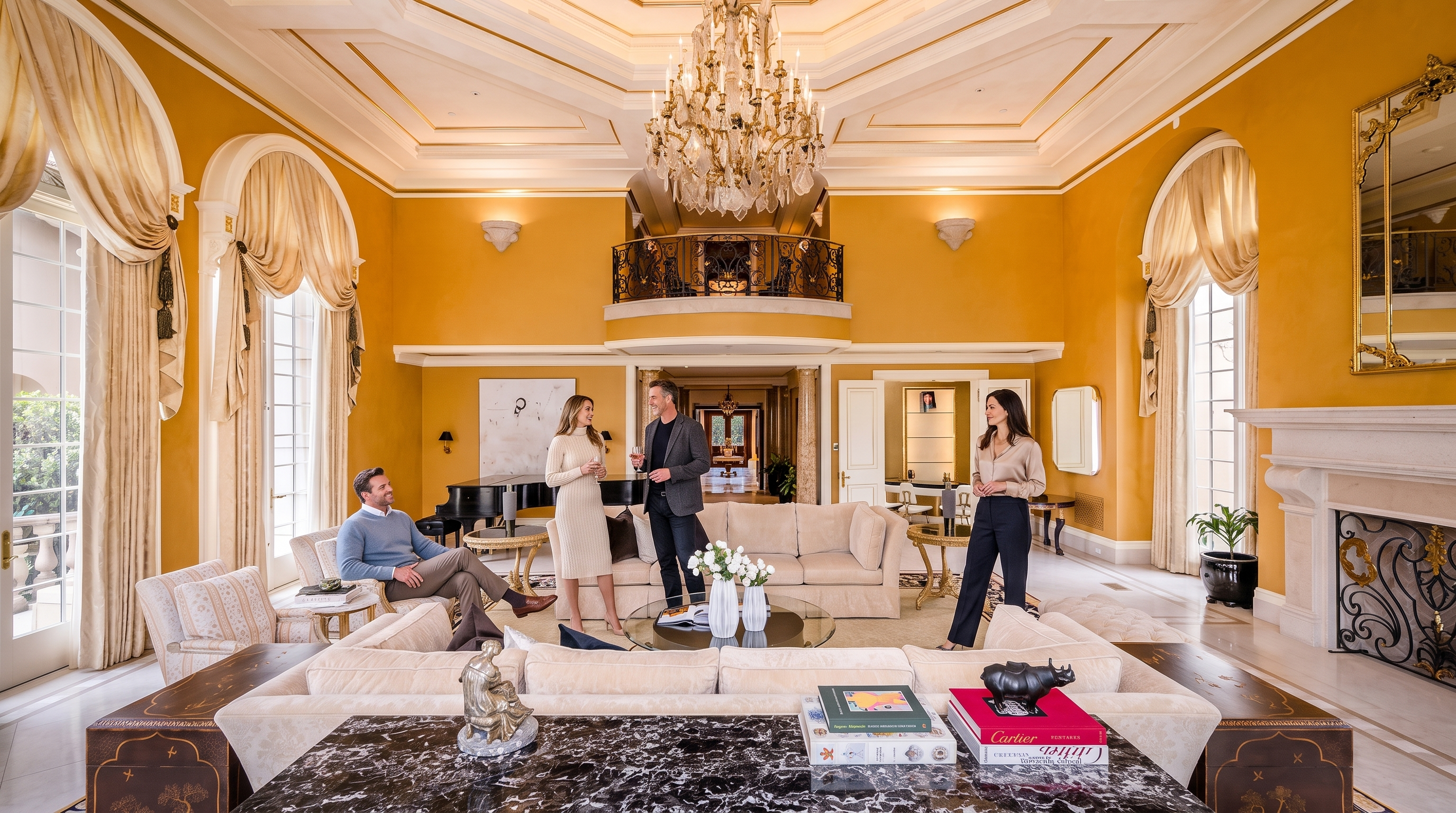 This elegant and spacious living room features warm yellow walls, a soaring double-height ceiling anchored by an ornate crystal chandelier, and a prominent balcony overlook. The room is luxuriously furnished with multiple plush beige sofas, a grand piano, and a polished marble fireplace, creating a sophisticated environment for hosting. Natural light pours in through large, arched windows with pleated drapes, accentuating the high-end character of this opulent home.