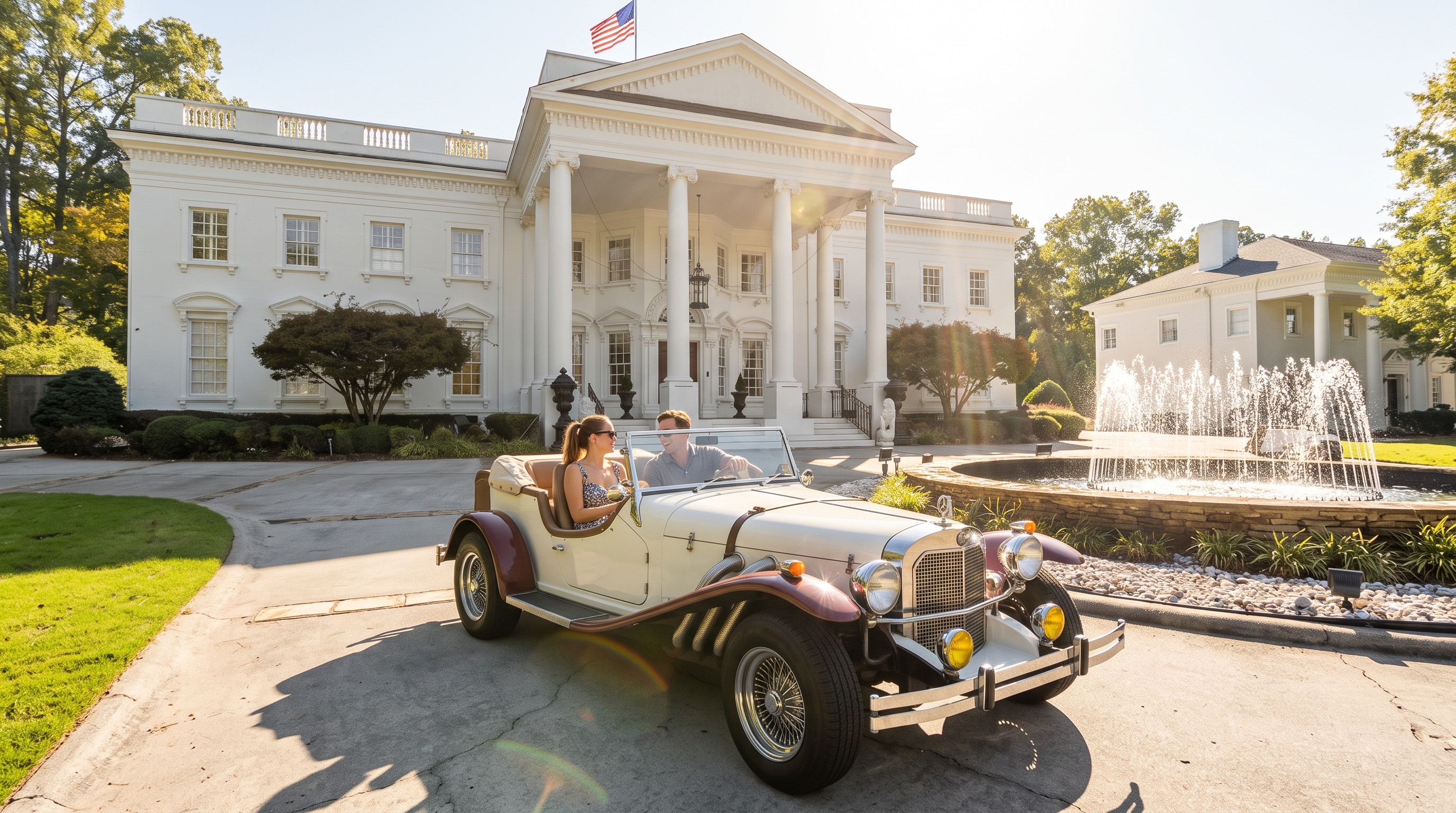 This grand, neoclassical-style estate features a prominent white facade with a massive two-story portico supported by tall columns. A vintage-style convertible car is parked in the center of the expansive paved driveway, which leads toward the stately entrance. To the right, a circular stone fountain adds a touch of elegance, while mature trees and manicured landscaping frame the impressive structure.