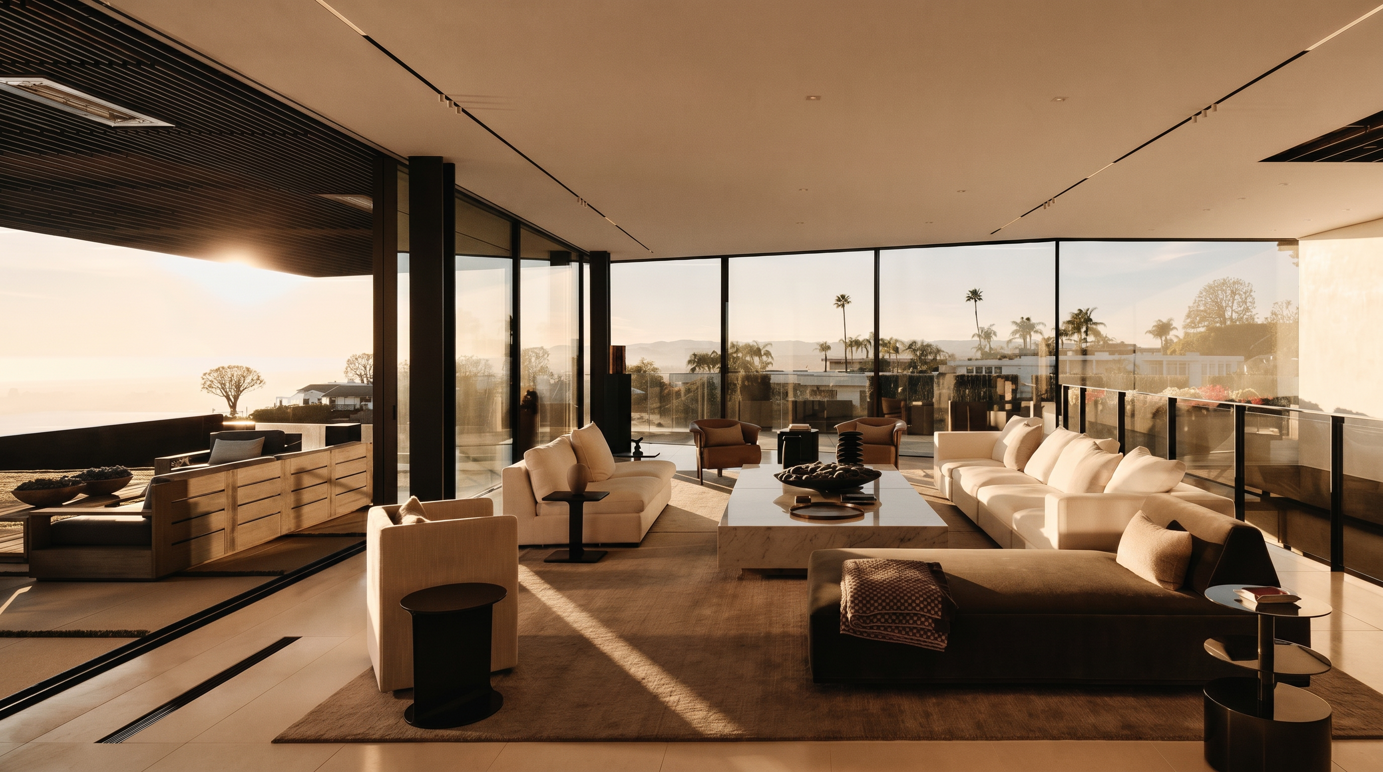 This expansive, modern living room features floor-to-ceiling glass walls that seamlessly blend the interior with the outdoor patio and panoramic sunset views. The space is furnished with plush, neutral-toned sofas and a large stone coffee table, creating an atmosphere of sophisticated luxury and comfort. The open-concept layout and warm, natural lighting emphasize the high-end architectural design and the property's prime location.