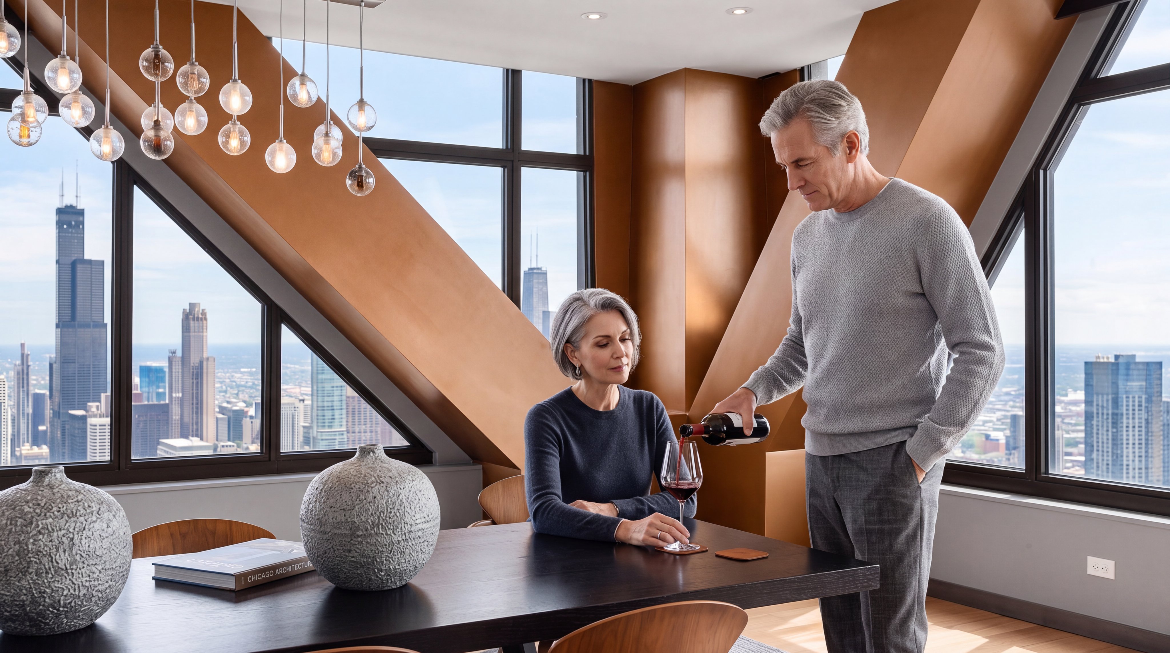 This sophisticated dining room features a long, dark table surrounded by mid-century modern style chairs, set atop a large, textured gray area rug. The space is defined by expansive, tall windows that provide panoramic city views and unique, angled structural supports finished in a warm, metallic tone. A contemporary linear chandelier with exposed bulbs hangs above the table, creating a focal point in this bright, open-concept room with light wood flooring.