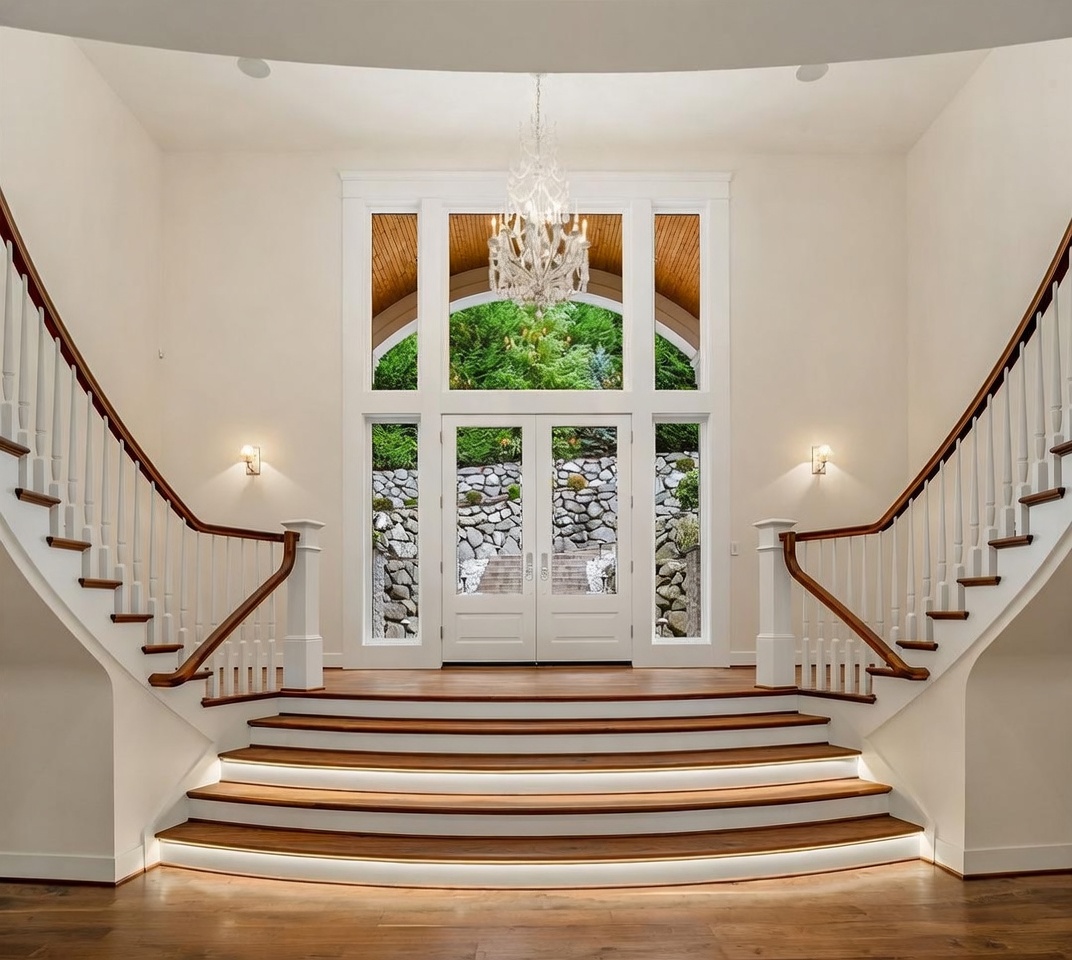 This grand entryway features a symmetrical dual staircase with dark wood handrails and white balusters, leading up to a landing. A central double-door entrance is framed by large windows that provide a view of the exterior stone retaining wall and greenery. A crystal chandelier hangs from the high ceiling, and the steps are accented with integrated under-tread lighting, creating an elegant and welcoming atmosphere.