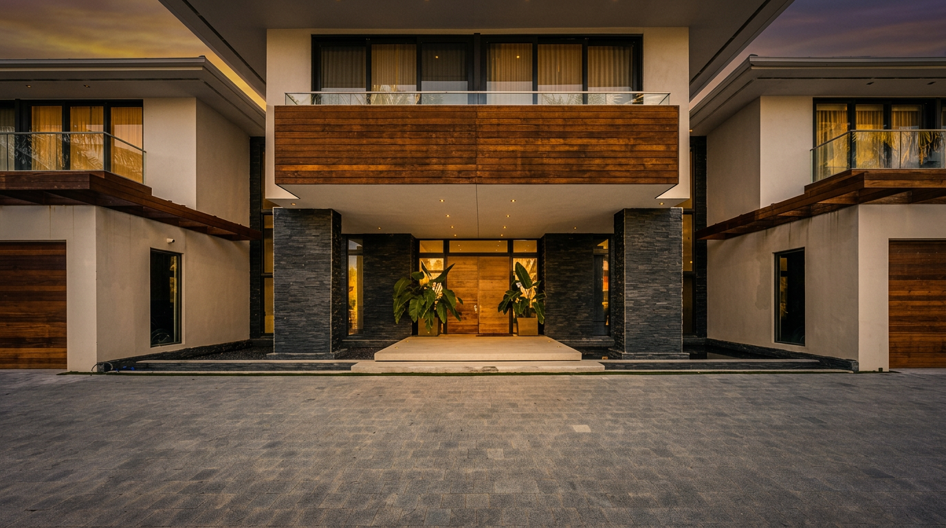 This striking modern residence features a symmetrical facade with a prominent central entryway flanked by dark stone pillars and reflecting pools. The exterior combines clean white walls, warm wood-paneled accents, and large glass windows, creating a sophisticated and contemporary aesthetic. A wide, paved driveway leads directly to the grand entrance, emphasizing the property's impressive scale and architectural balance.