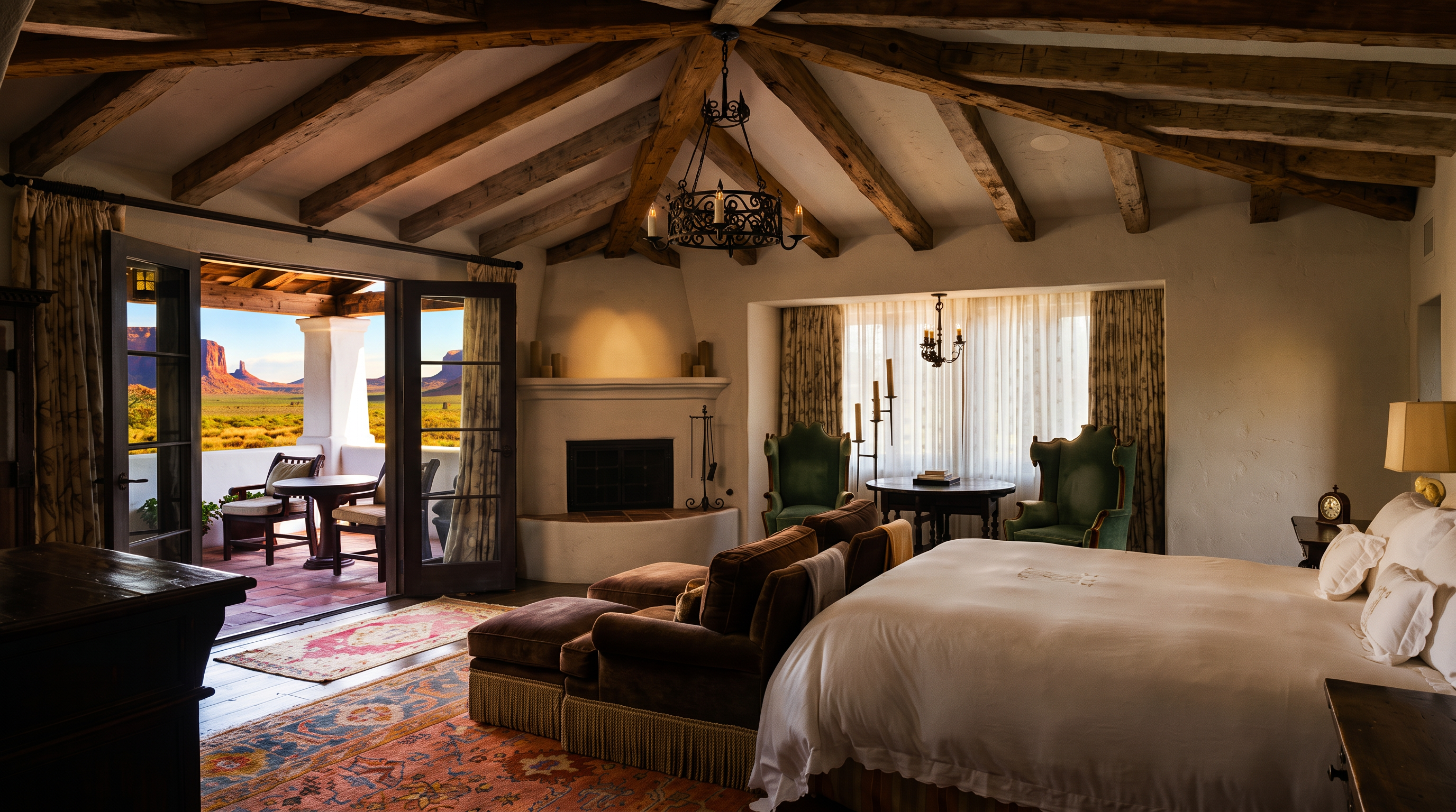 This spacious primary bedroom features a dramatic vaulted ceiling with exposed wooden beams and a central wrought-iron chandelier. A cozy seating area with a plush sofa and ottoman sits before a corner fireplace, while French doors open onto a private covered patio. The room is anchored by a large bed with neutral bedding and a patterned area rug, creating a warm and inviting atmosphere.