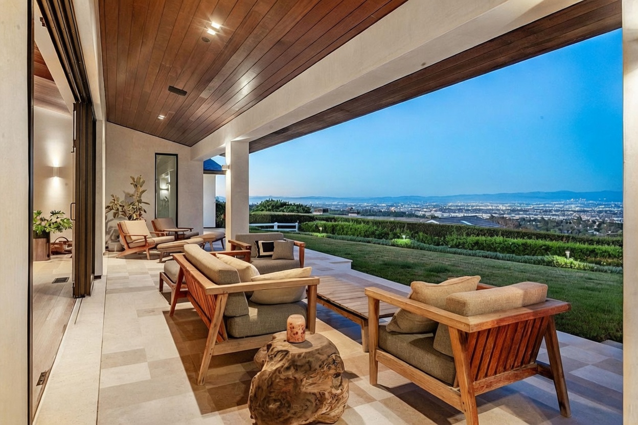 This expansive covered patio features a warm wood-paneled ceiling and light-toned stone flooring, creating a seamless transition between indoor and outdoor living. The space is furnished with comfortable lounge seating, including a sofa and armchairs, arranged to face a panoramic view of the city lights and distant hills. A rustic, natural wood stump serves as a unique coffee table, enhancing the sophisticated yet relaxed atmosphere of this outdoor retreat.