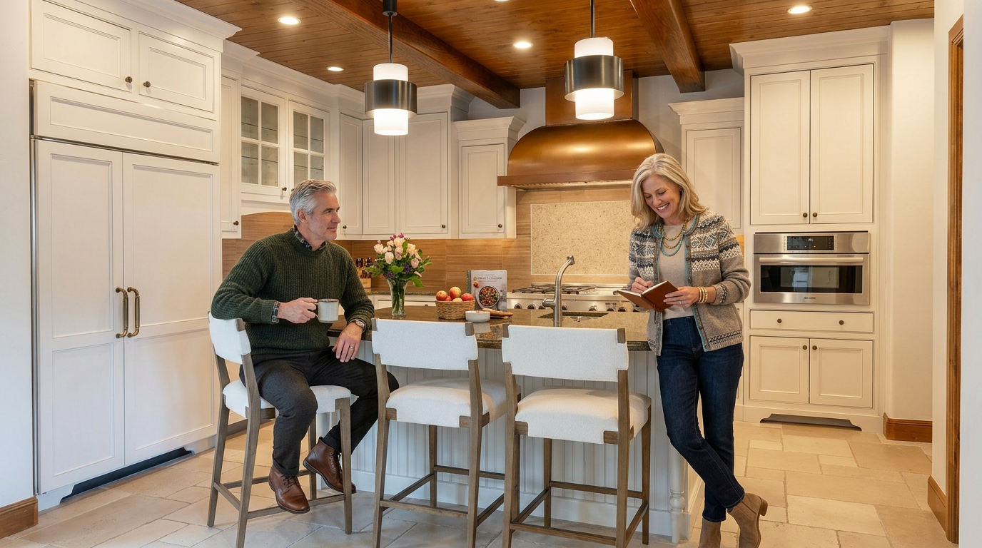 This elegant kitchen features a warm, rustic aesthetic with a wood-plank ceiling and exposed beams. The space is anchored by a large central island with stone countertops and three bar stools, complemented by white cabinetry and a prominent copper-toned range hood. The room is finished with light-colored stone flooring and recessed lighting, creating a bright and inviting atmosphere.