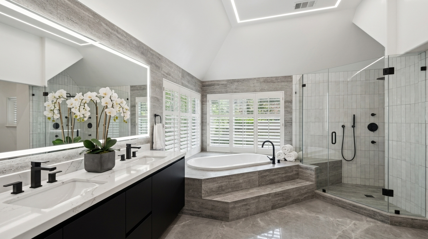 This luxurious primary bathroom features a double vanity with dark cabinetry, modern black fixtures, and a backlit mirror. The space includes a striking elevated soaking tub and a spacious walk-in shower encased in glass with white subway tiles. The room is completed with elegant gray tile flooring and plantation shutters that invite natural light.