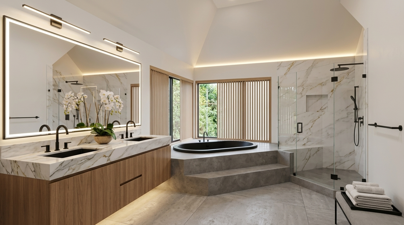 This luxurious primary bathroom features a stunning blend of natural wood cabinetry, Calacatta marble countertops, and warm ambient lighting. The space includes a raised soaking tub platform, a large walk-in glass shower with marble walls, and dual black fixtures for a contemporary, spa-like aesthetic. Large windows with slatted wood blinds add a sophisticated, organic texture to this bright and airy room.