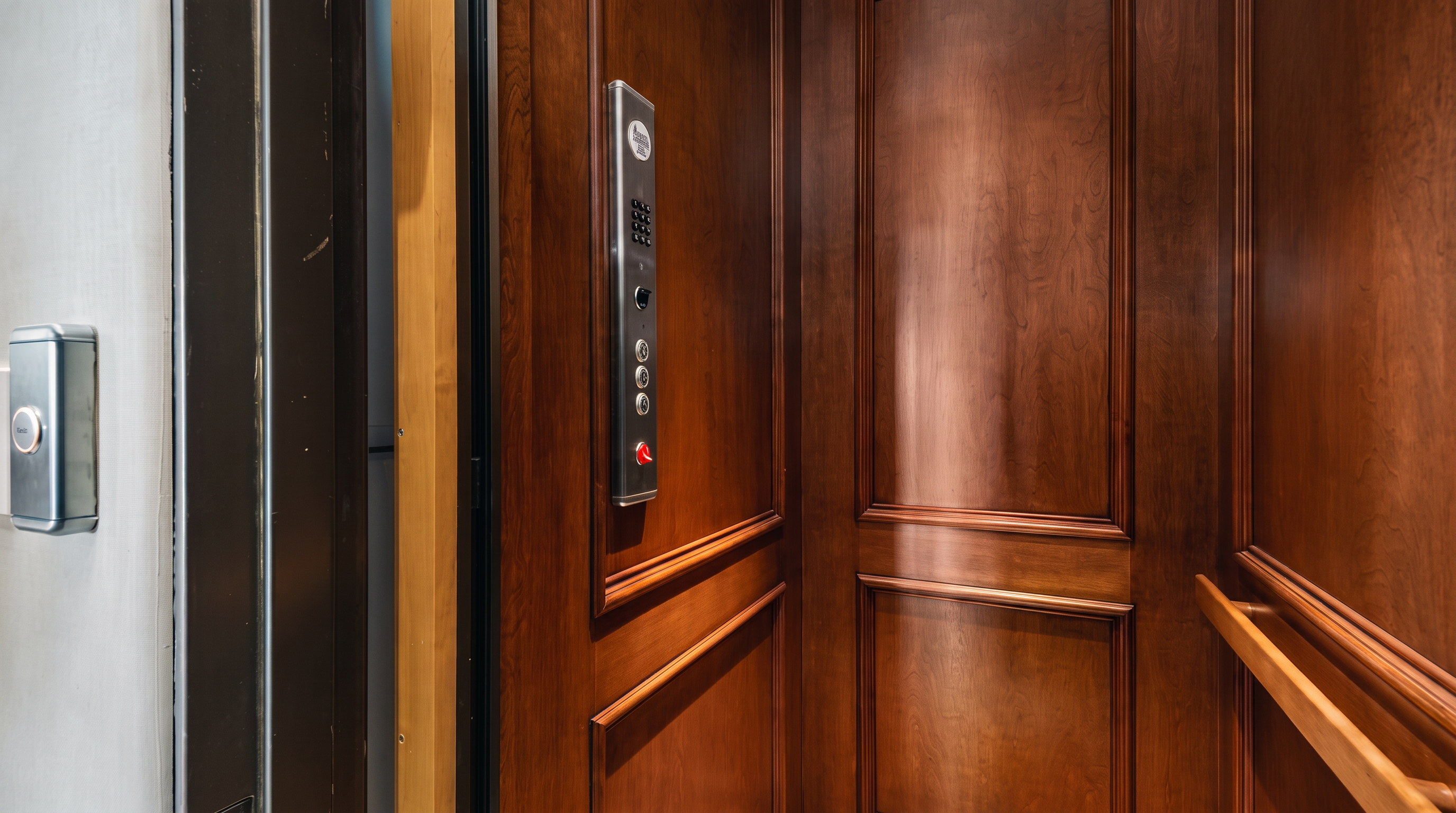 This image shows the interior of a private residential elevator, featuring rich, warm-toned wood paneling with classic molding details. A vertical control panel with metallic buttons is mounted on the wall, and a wooden handrail runs along the side. The perspective is from inside the elevator looking toward the corner, highlighting the elegant and traditional craftsmanship of the space.