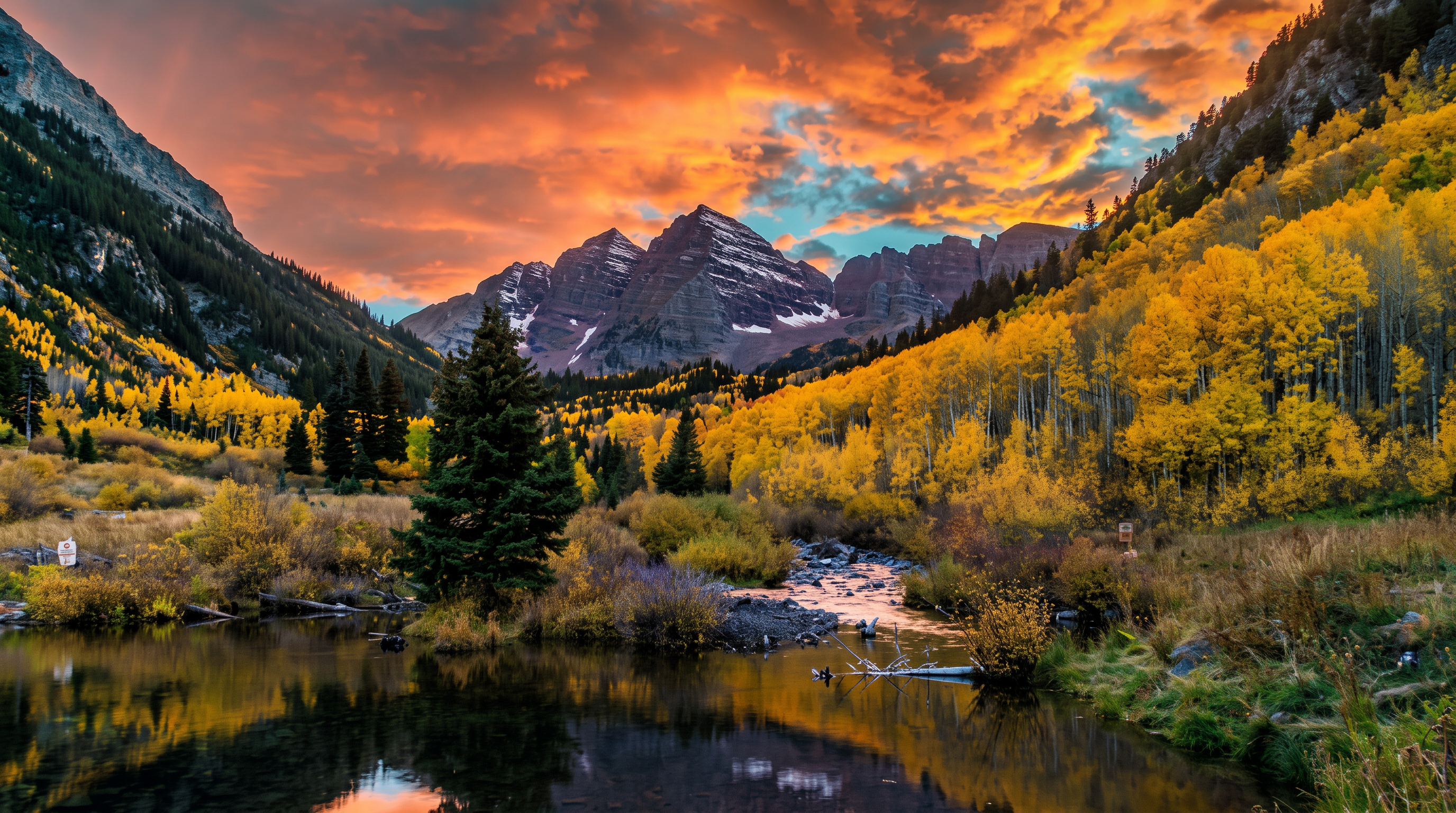 This image features a breathtaking scenic view of the Maroon Bells mountain range during an autumn sunset. The landscape highlights a serene lake reflecting the vibrant orange and pink clouds above, surrounded by a dense forest showing golden fall foliage. This type of picturesque, high-end natural landscape adds immense value and aesthetic appeal to properties located in scenic, resort-style areas.