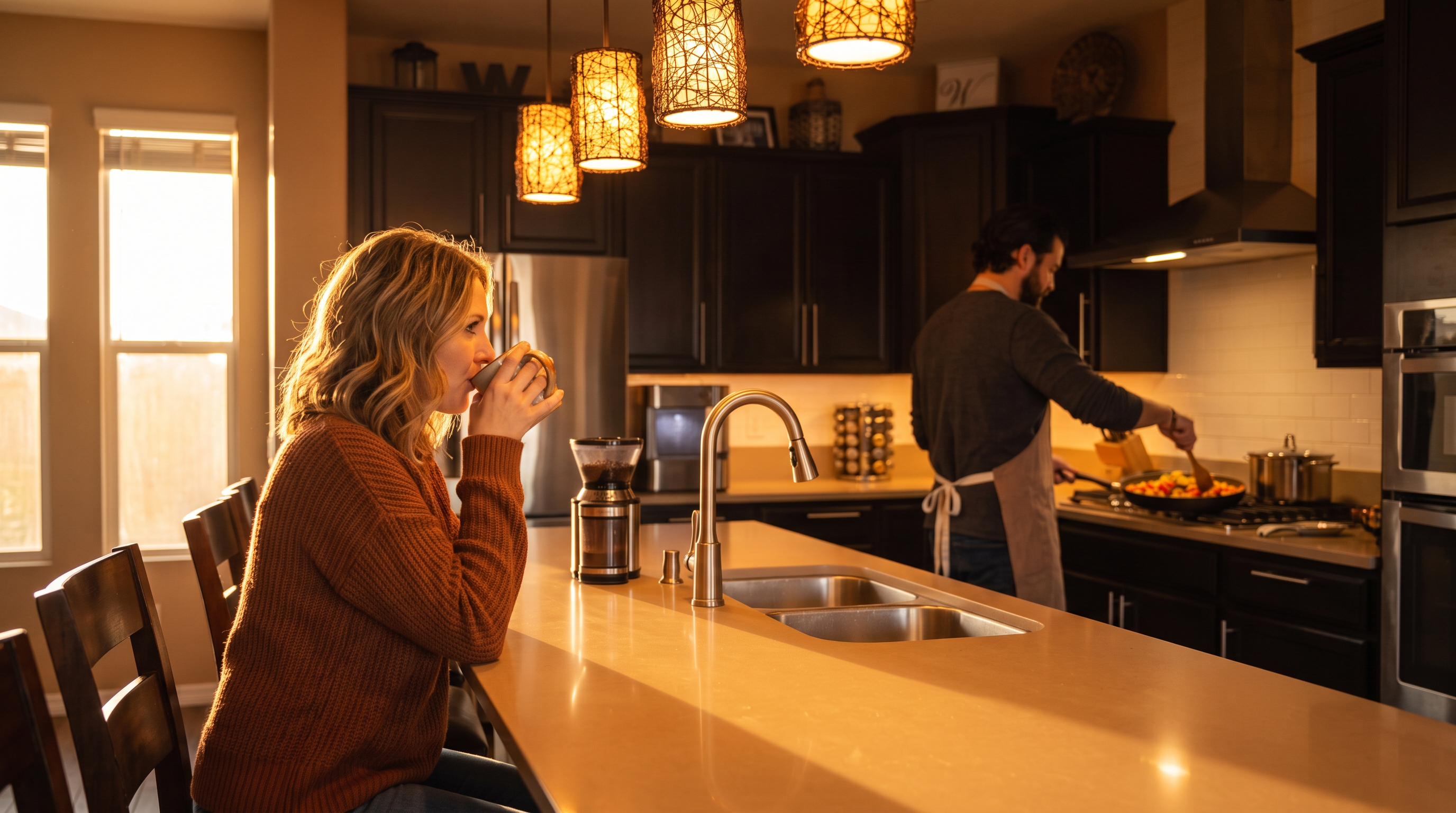 This warm and inviting kitchen features dark cabinetry, a large kitchen island with integrated sink, and modern stainless steel appliances. The space is highlighted by attractive woven pendant lighting and ample natural light from adjacent windows, creating a cozy atmosphere. A person is seen cooking at the stove, emphasizing the functional and lived-in design of this family-friendly home.