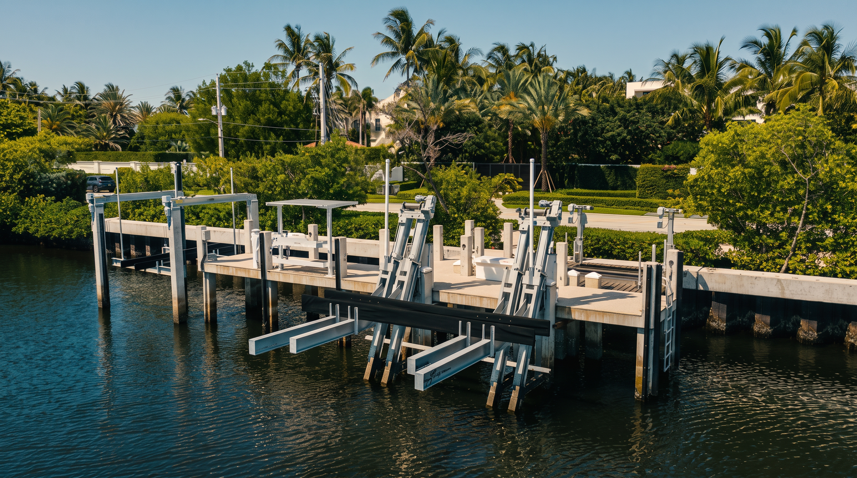 This elevated perspective captures a private boat dock equipped with a mechanical lift system, extending into a calm waterway. The dock is bordered by lush tropical landscaping, including mature palm trees and dense green hedges that provide a sense of seclusion. The scene is set under a clear blue sky, highlighting the tranquil waterfront lifestyle associated with the property.