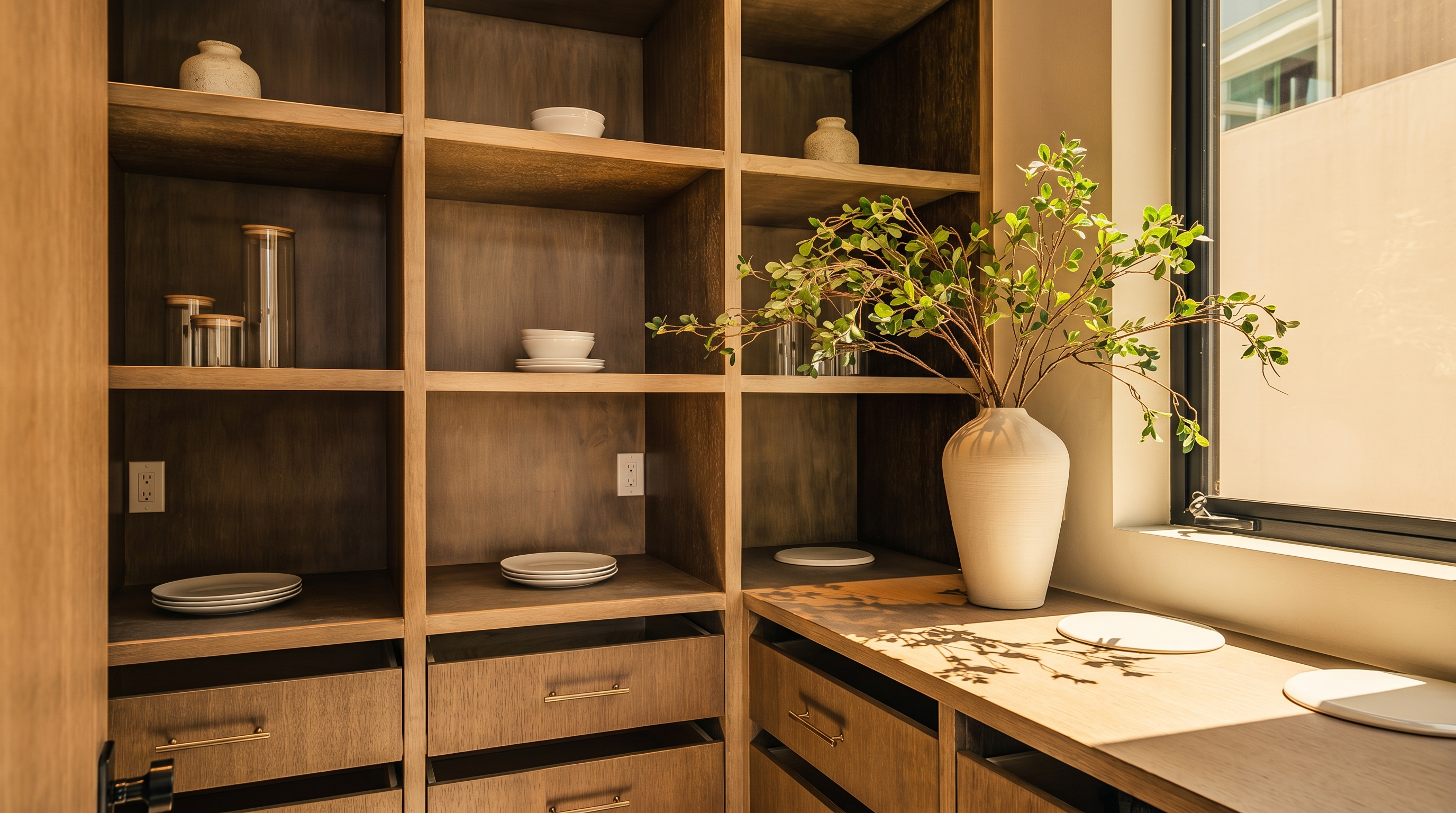 This organized pantry features custom light wood cabinetry with a mix of open shelving and deep drawers. A countertop provides a functional workspace, accented by a decorative vase with greenery and a window that allows natural light to brighten the space. The clean lines and neutral tones create a sophisticated and highly functional storage area.