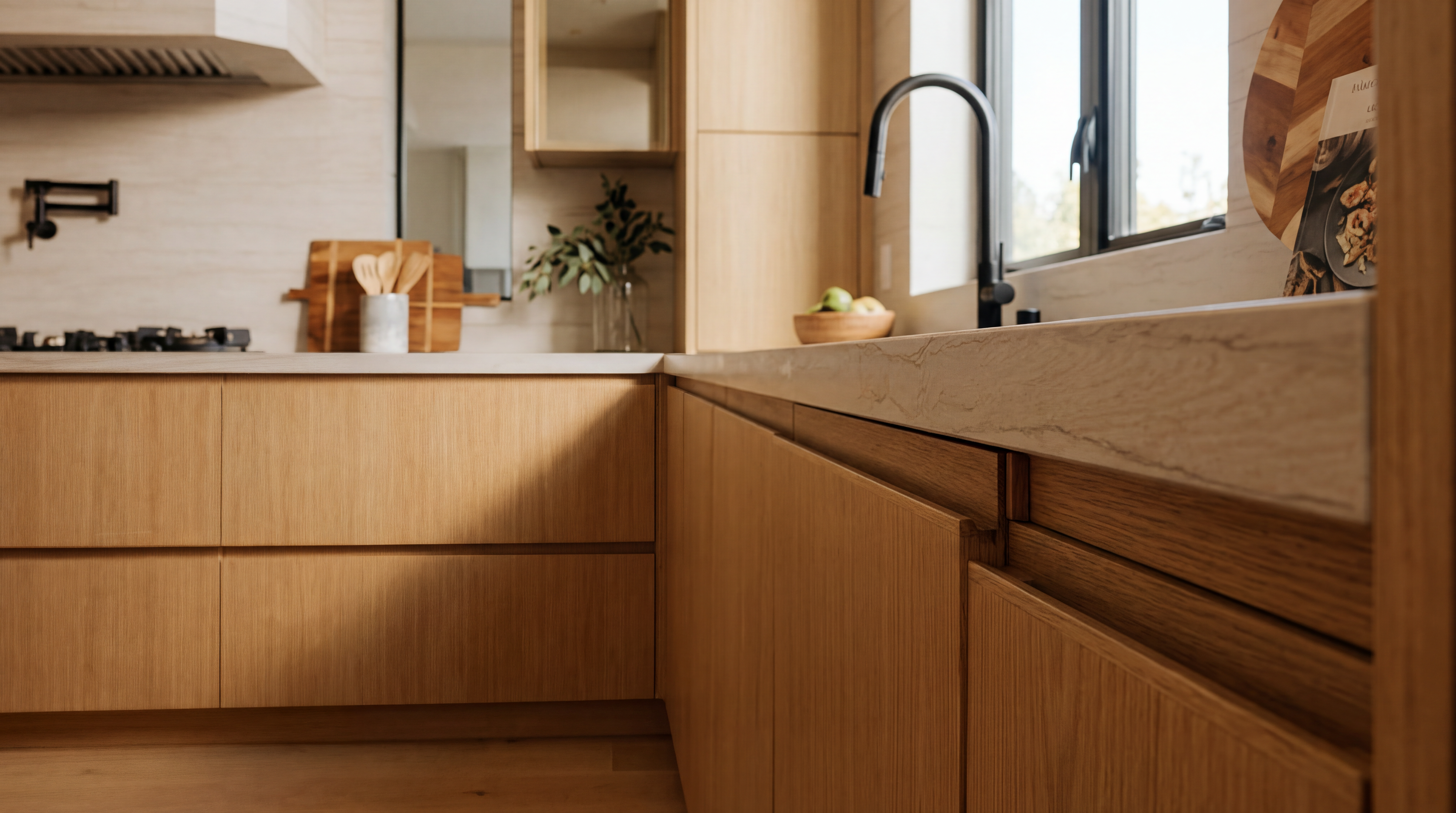 This sleek, modern kitchen features light oak cabinetry with clean lines and integrated hardware. A stone countertop provides a warm, natural texture, complemented by a matte black faucet and minimalist aesthetic. The space is brightened by soft, natural light, creating a high-end, contemporary atmosphere ideal for a luxury home.