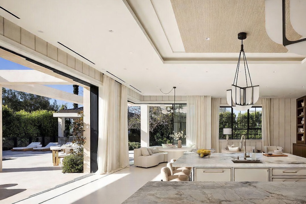 This expansive, open-concept kitchen and living area features a seamless transition to an outdoor patio through large, retractable glass walls. The space is anchored by a substantial stone-topped island and illuminated by elegant, modern pendant lighting. With its neutral color palette, high ceilings, and sophisticated design, the room offers a bright and airy atmosphere perfect for luxury entertaining.